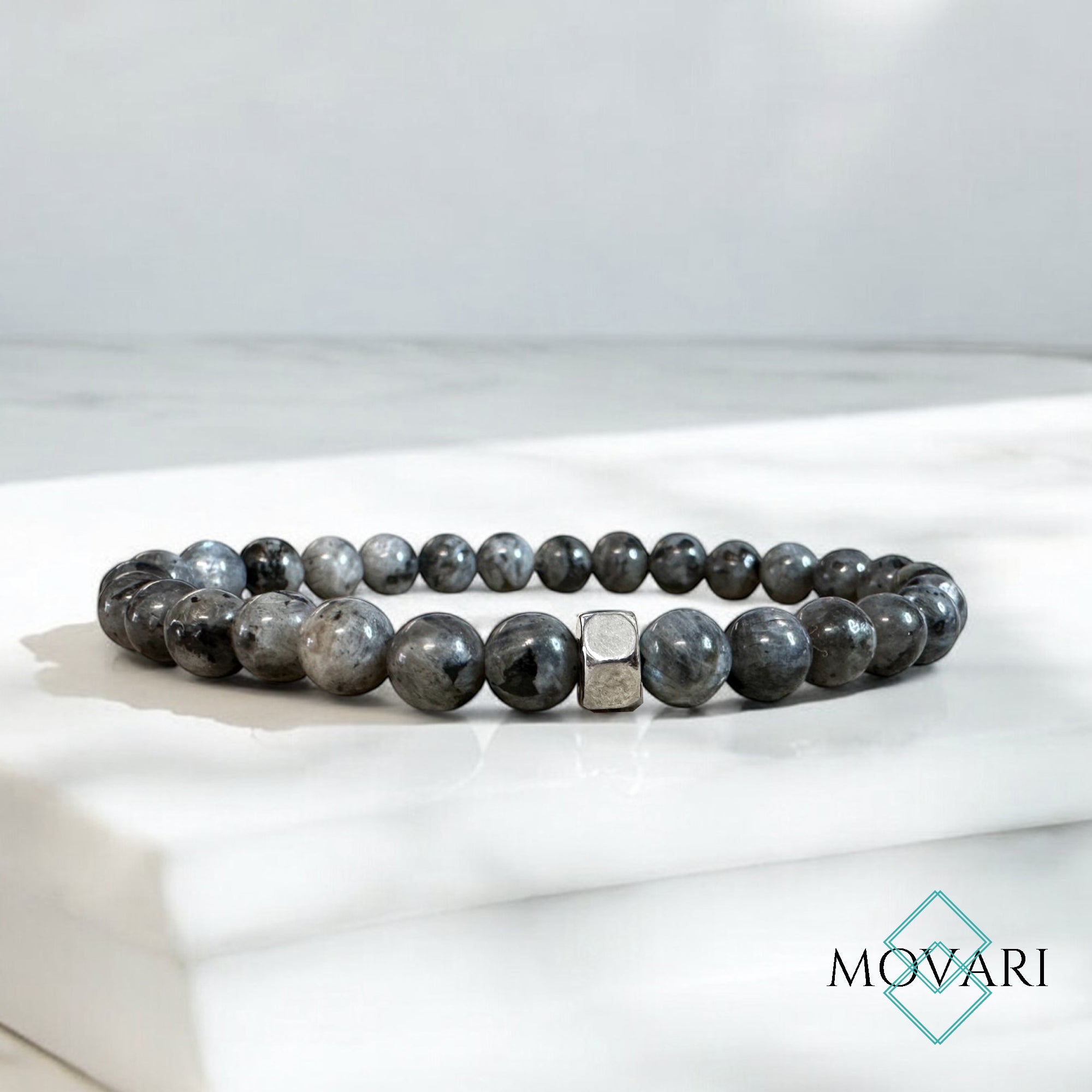 Mens Gray Bead Bracelet Flash Larvikite Hex Nut 6mm Hipster Style