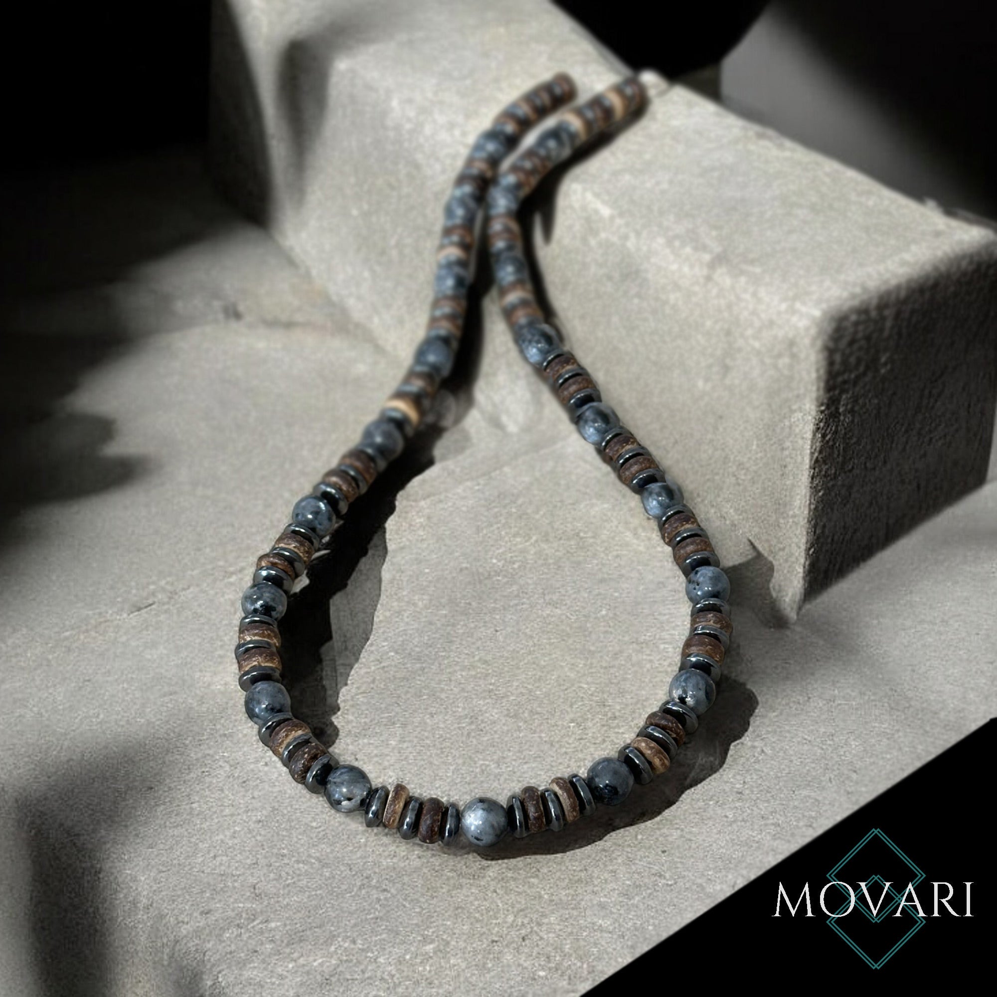 Surfer Necklace Larvikite Coconut 8mm For Men Handmade in U.S.A.