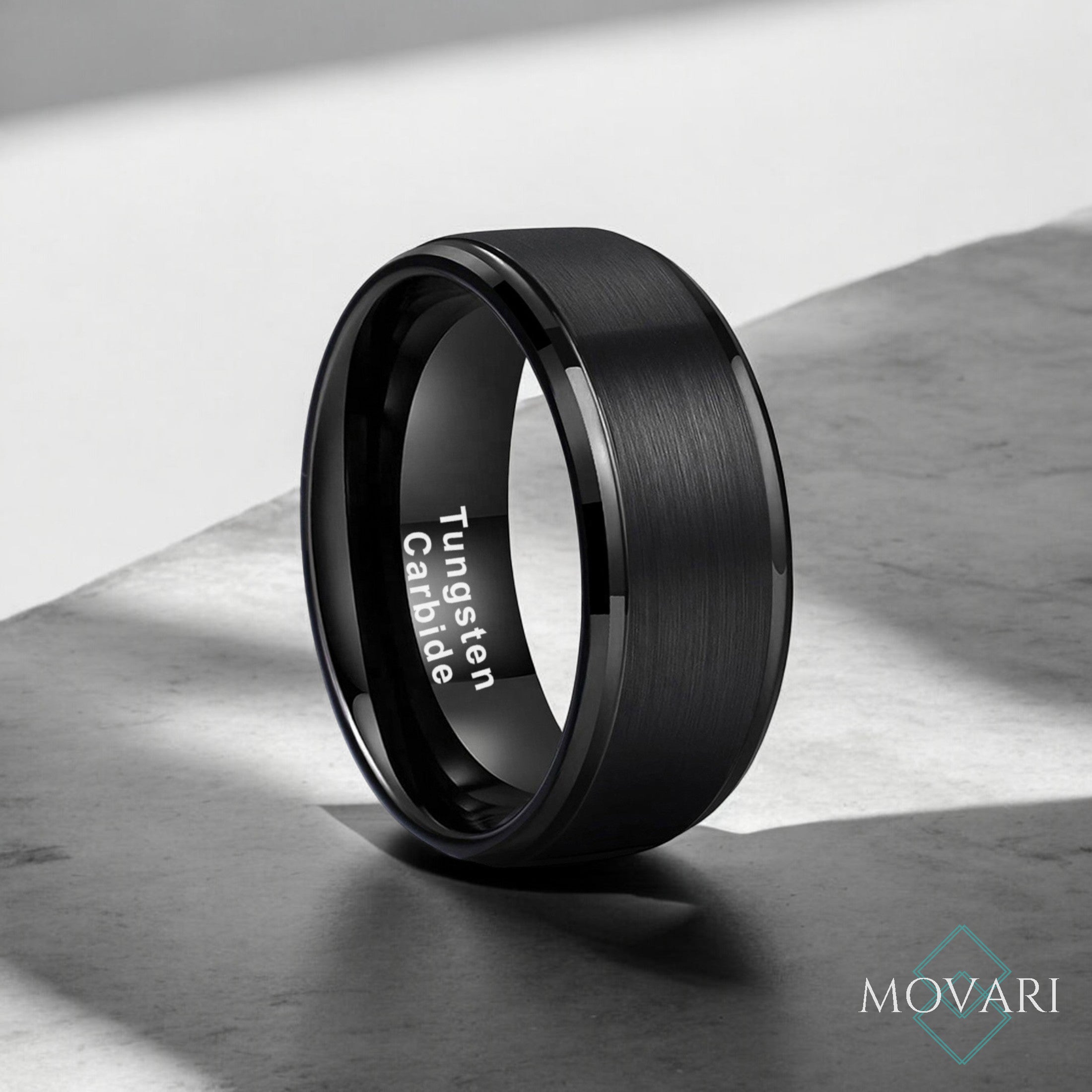 Black Tungsten Ring 8mm Brushed With Beveled Edge
