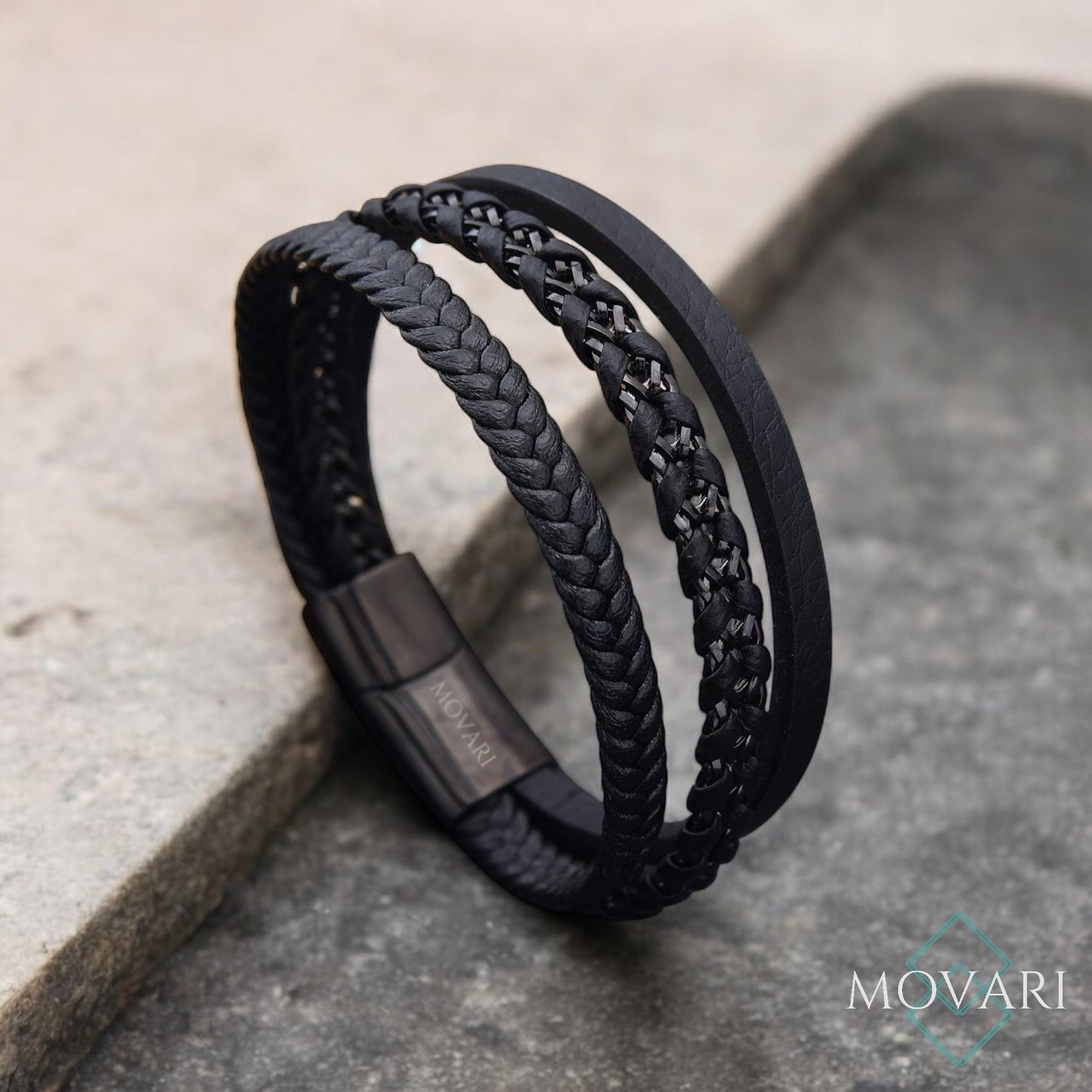 Back triple layer leather and steel men's bracelet 