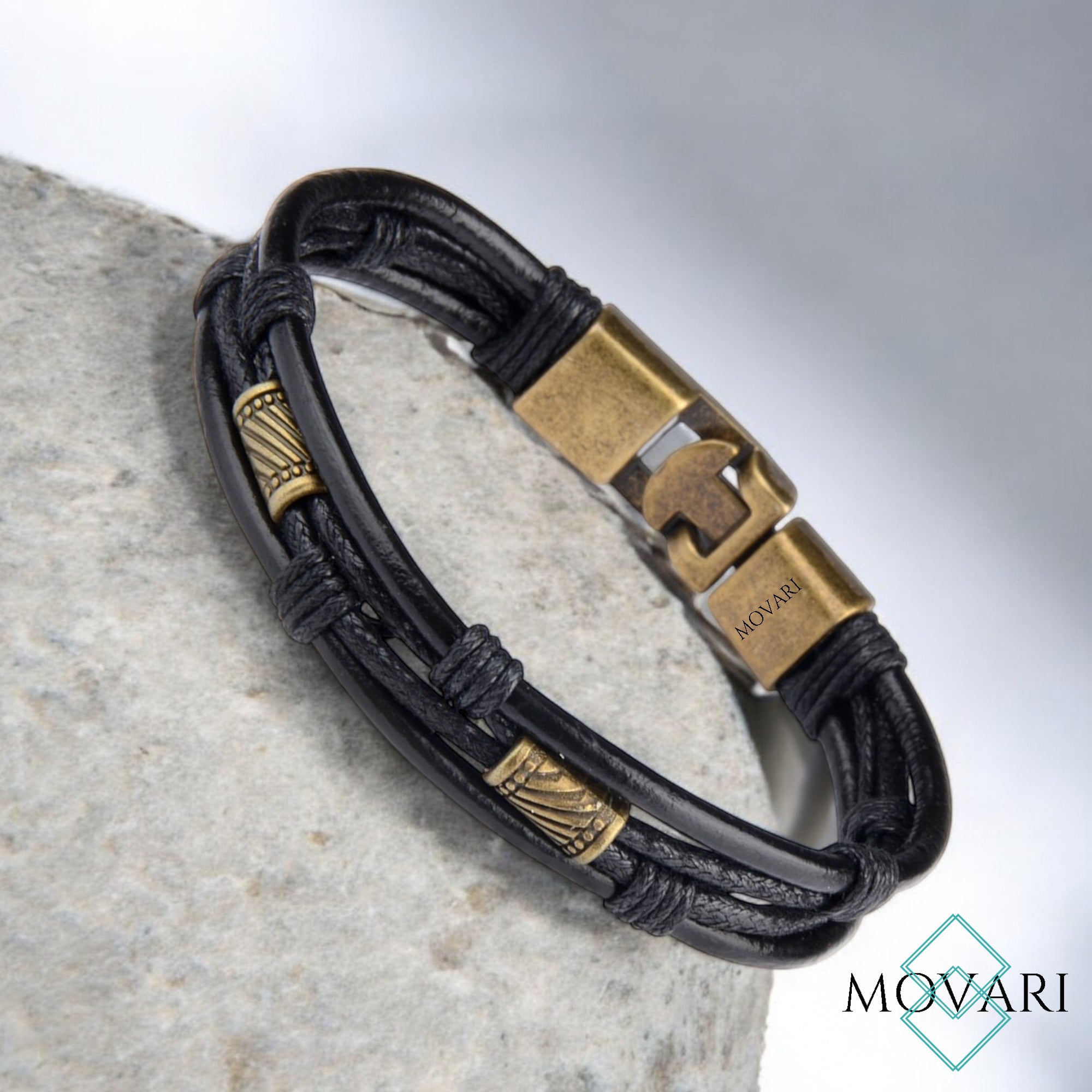 Black leather rope bracelet luxury men's jewelry Movari 