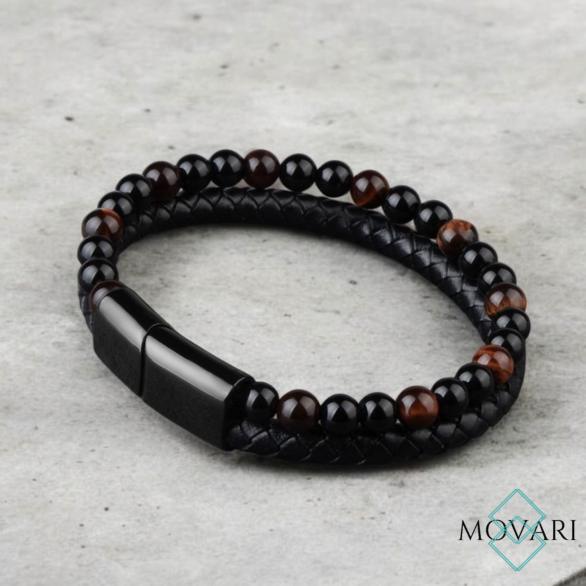 Black steel and leather handcrafted men's jewelry Movari
