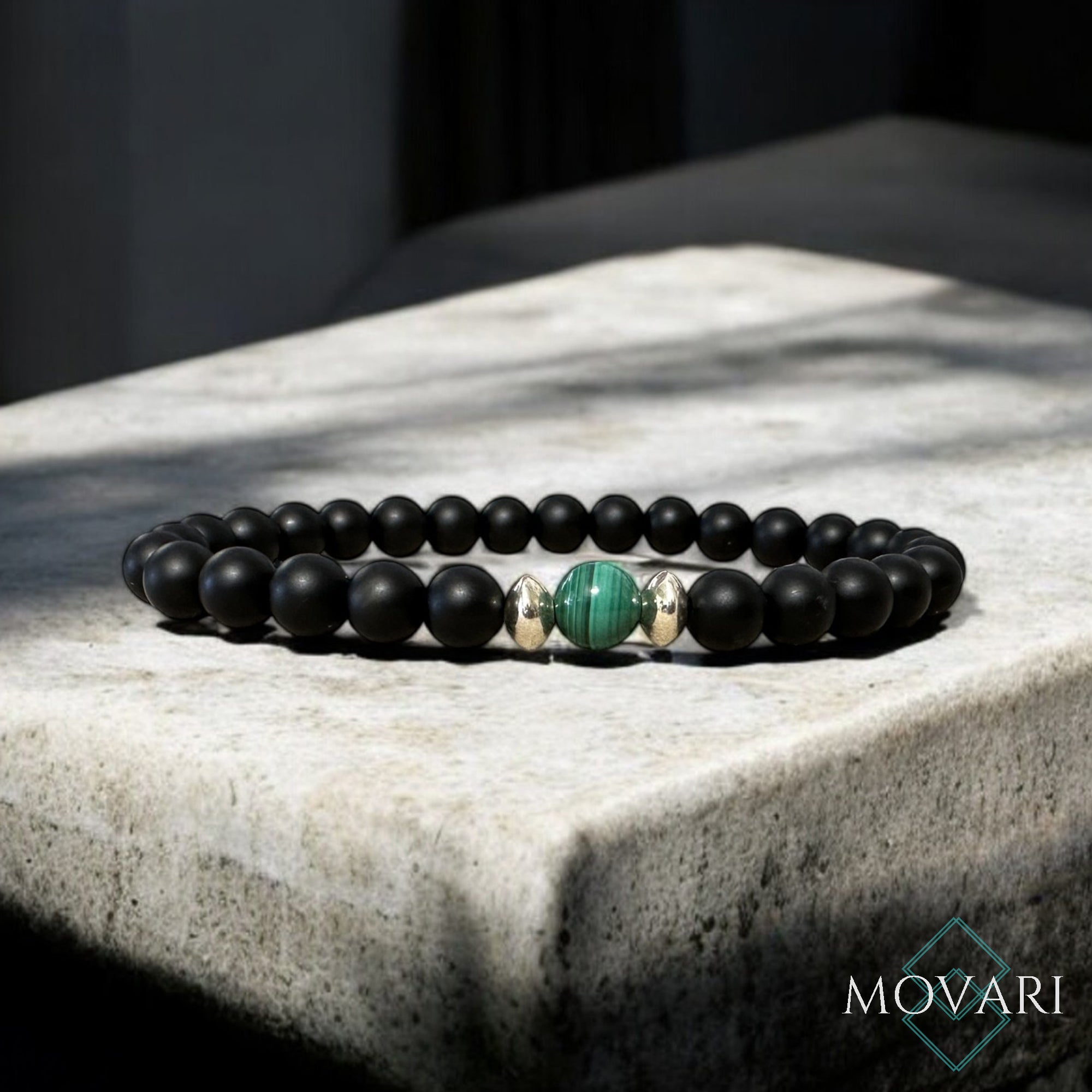 Classy Mens Bead Bracelet 925 Sterling Silver And Malachite 6mm Stretchable
