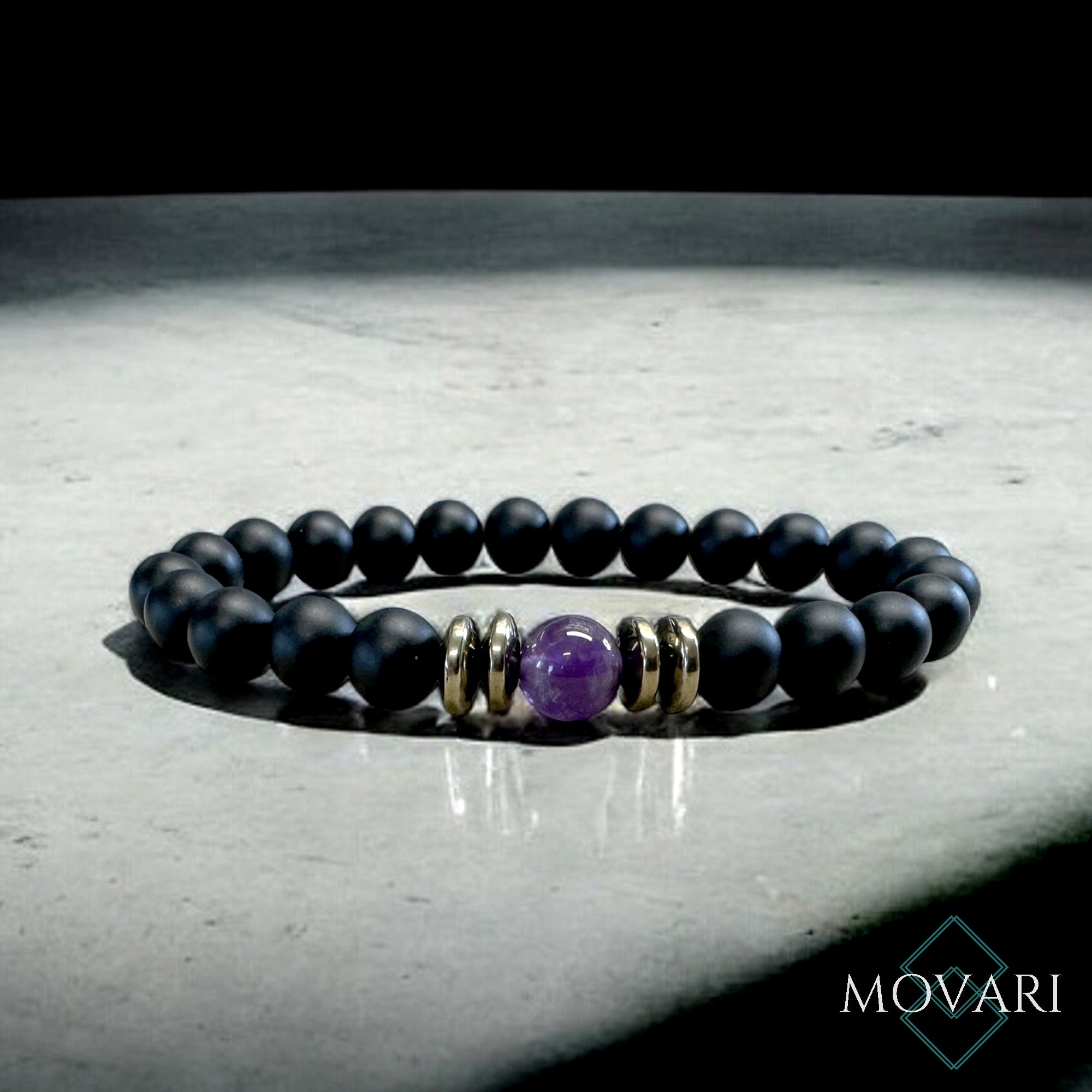 February Birthstone Purple Amethyst And Black Onyx Stretch Bracelet