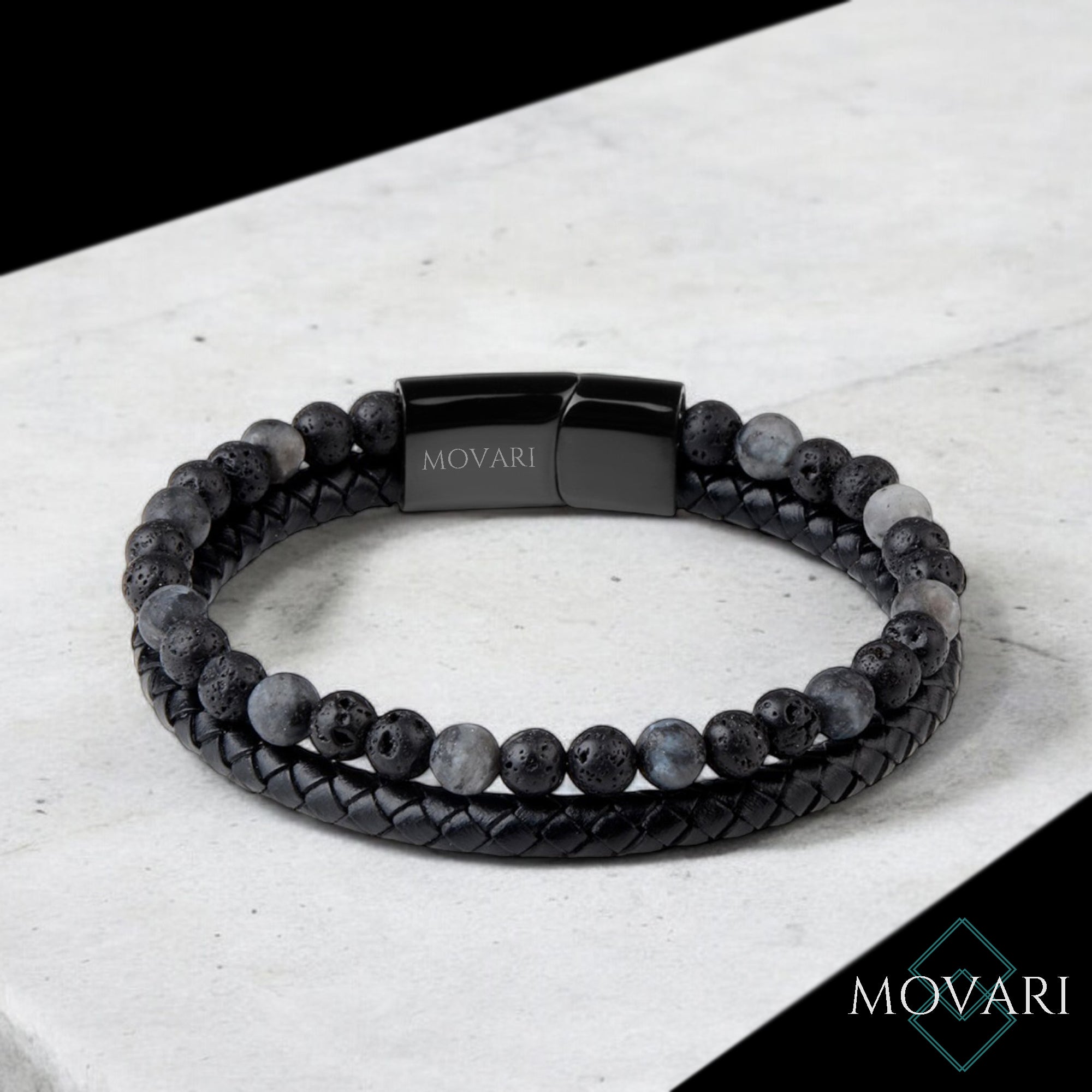 Gray and black leather gemstone bracelet for men handmade in the US