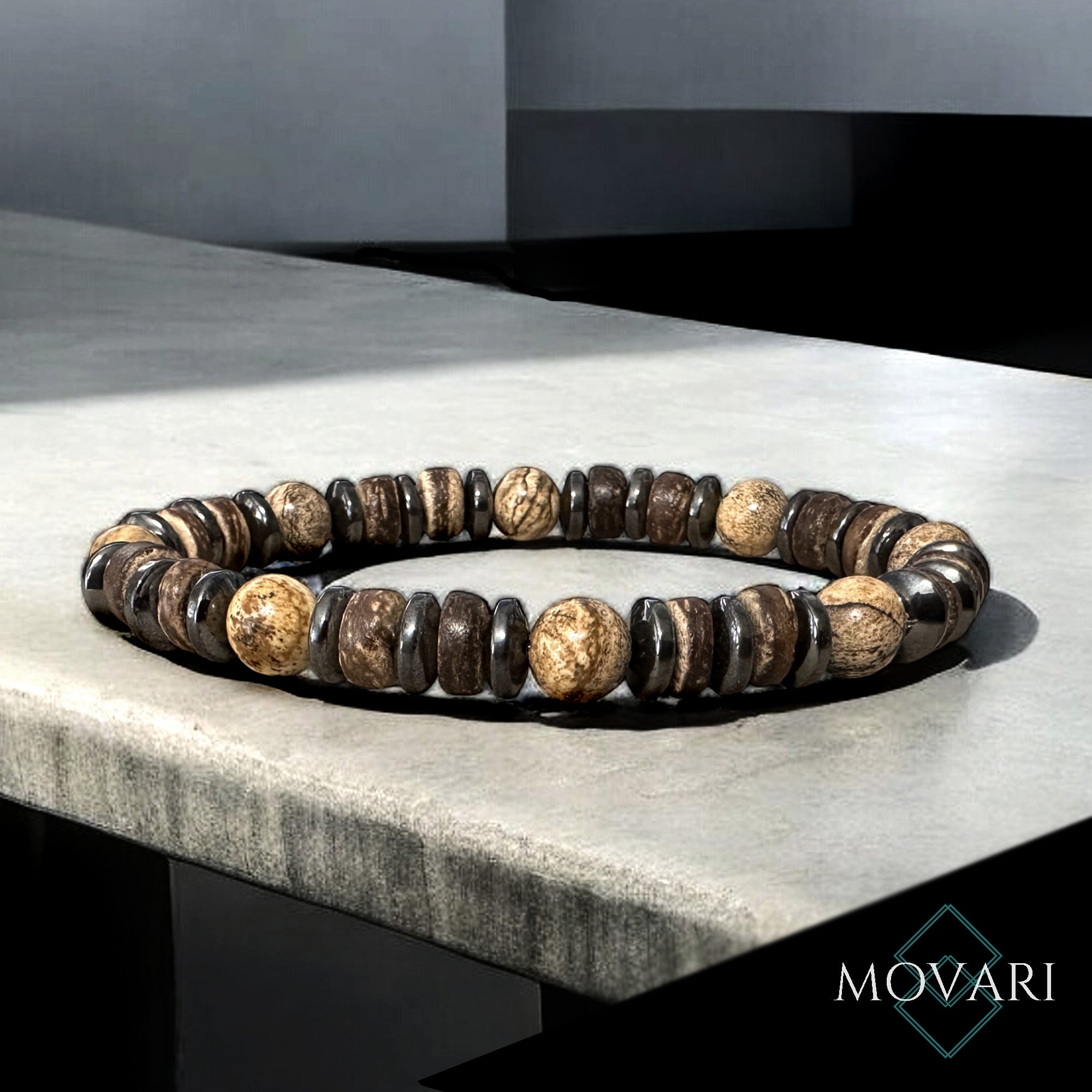 Handmade Men's Beach Bracelet Picture Jasper Coconut Casual Wear Elastic