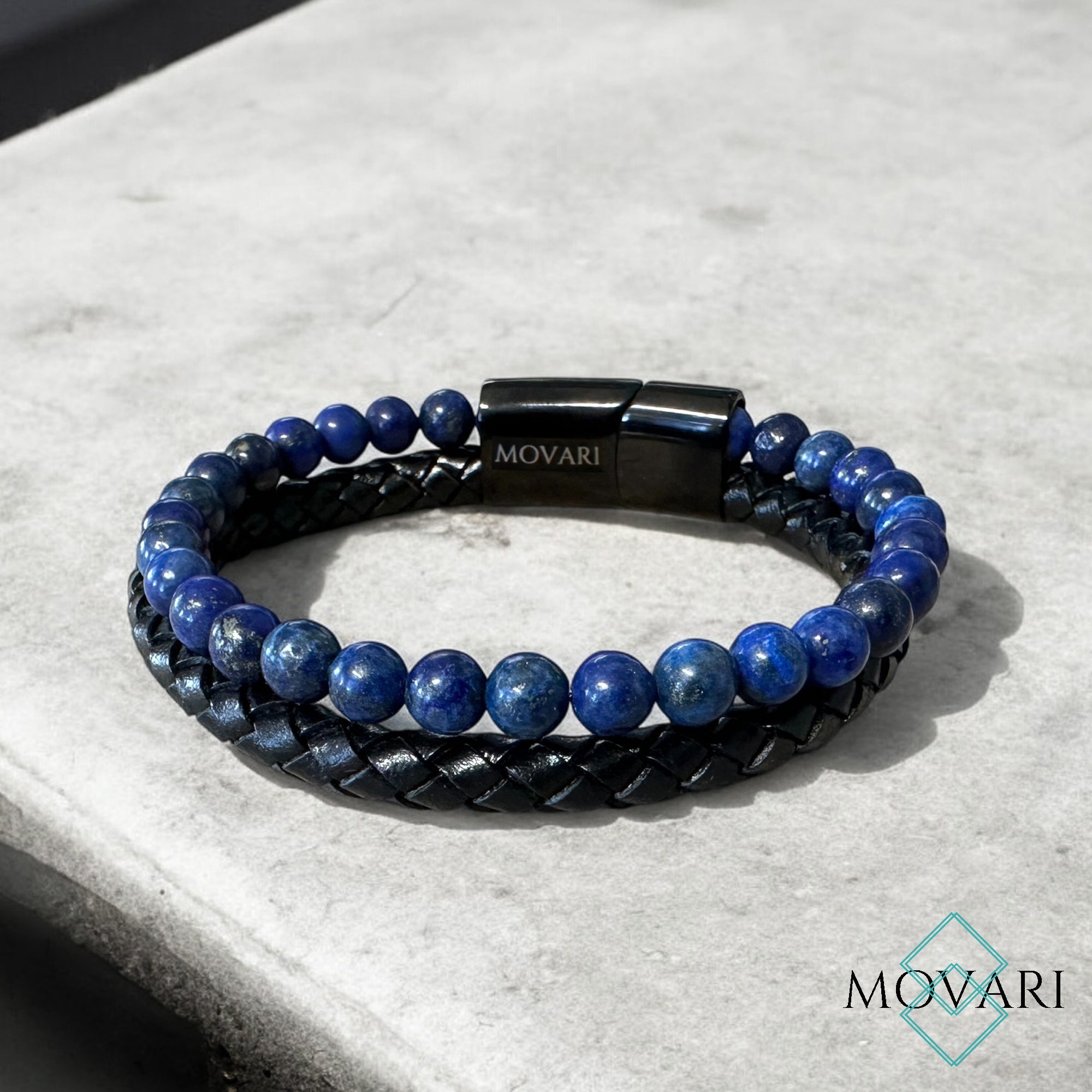 Blue Lapis Lazuli beaded bracelet with black braided leather black stainless steel Clasp Movari Jewelry USA