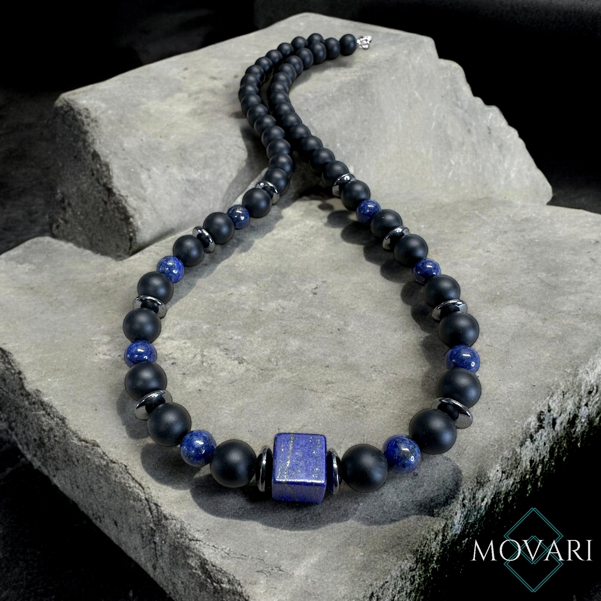 Lapis Cube 10mm Mens Beaded Necklace Onyx Hematite Water Safe