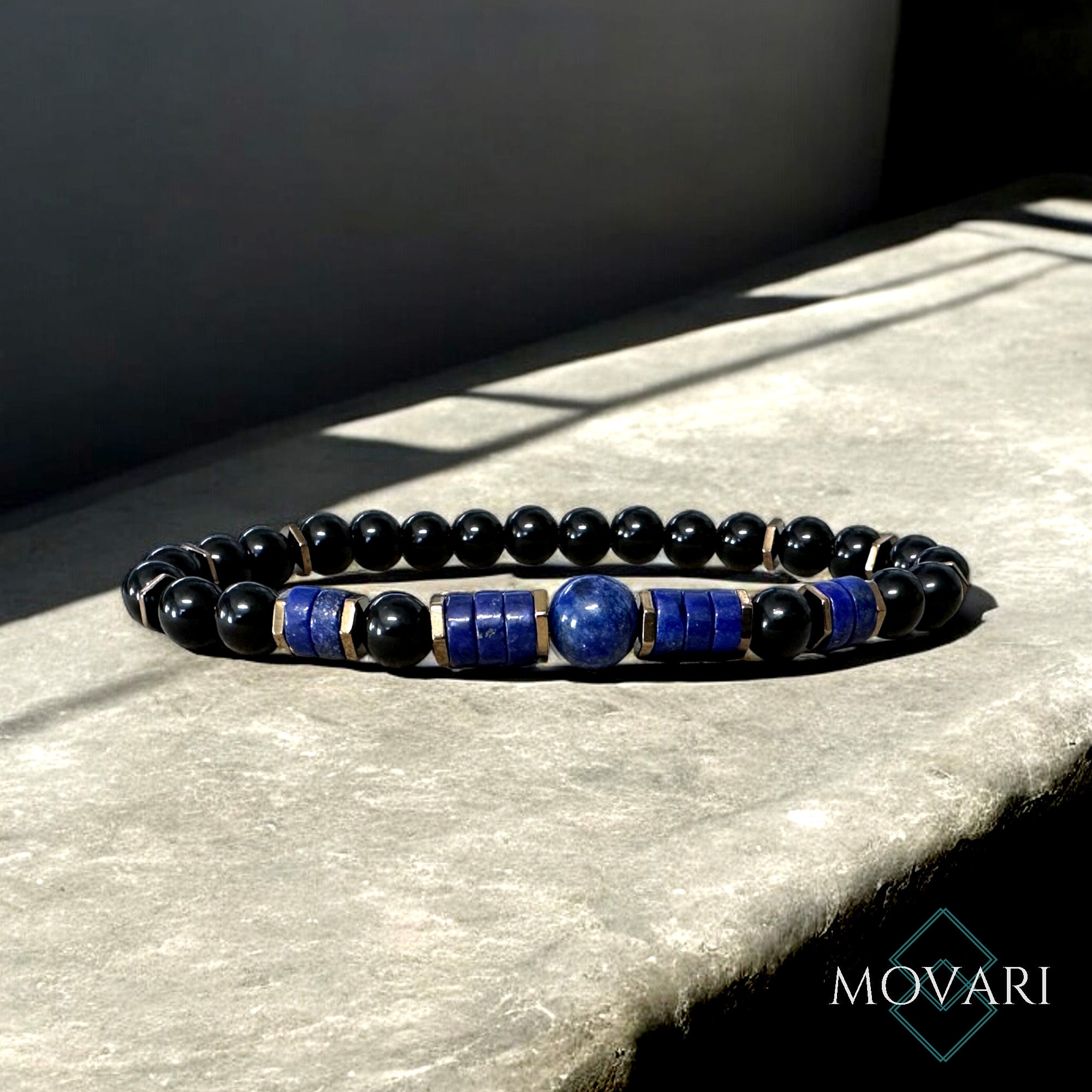 Stylish Men's Good Luck Bracelet 6mm Indigo Lapis Lazuli Obsidian