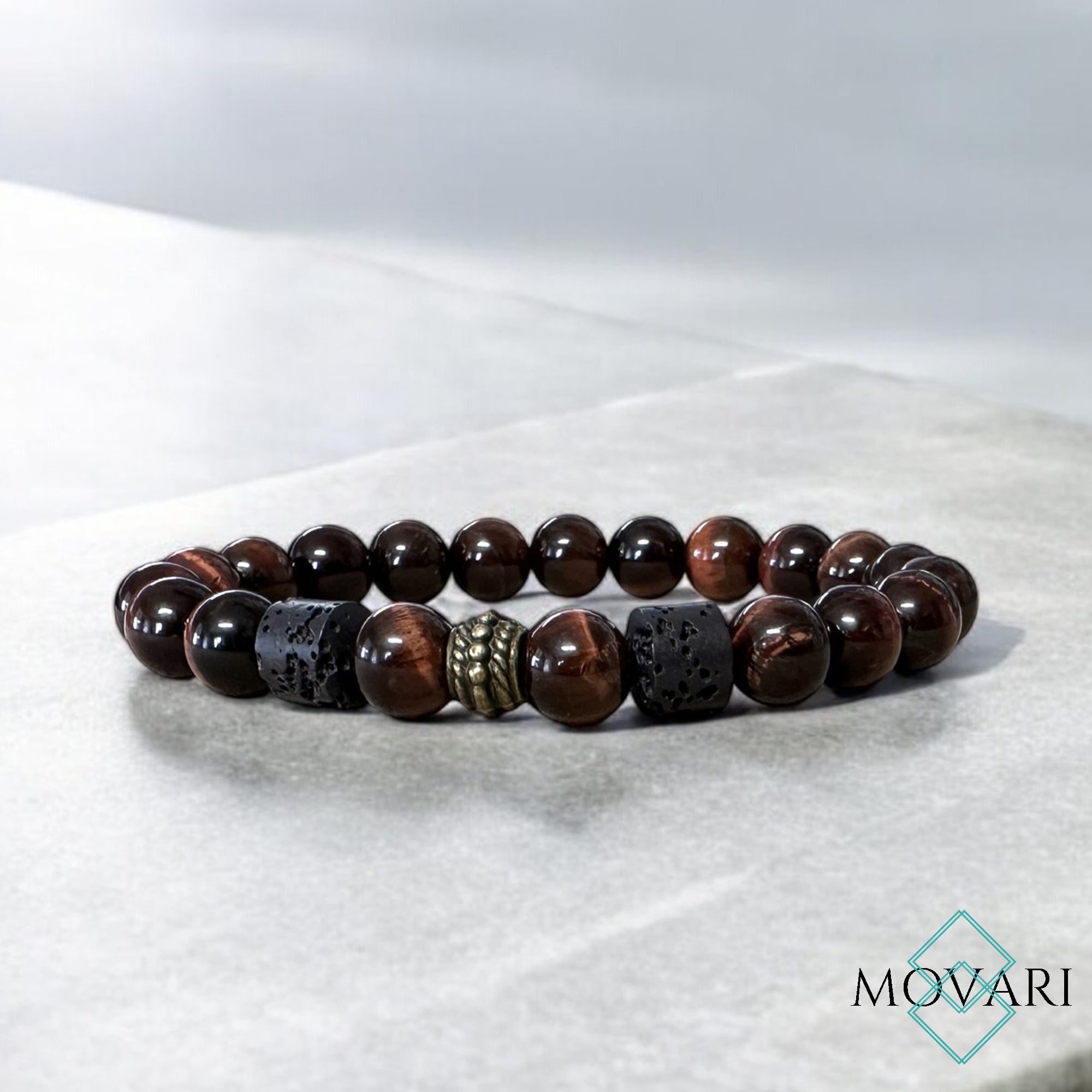 Mens Masculine Bead Bracelet Red Tigers Eye Lava 8mm Healing Crystals