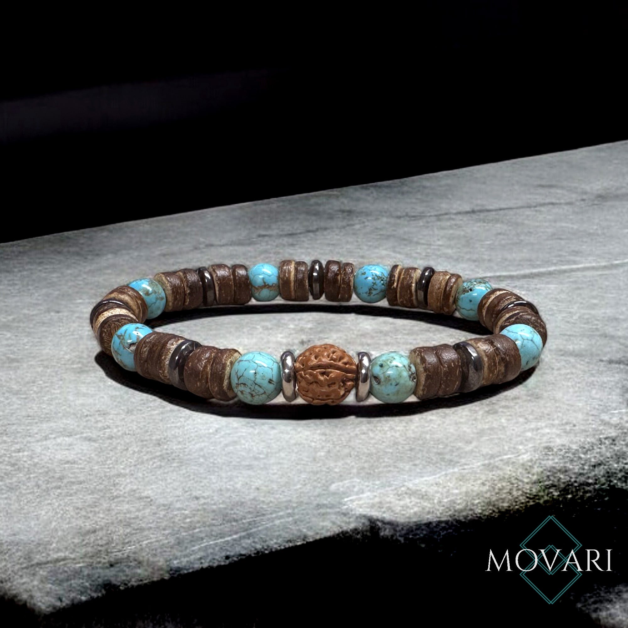 Bohemian Bracelet Rudraksha Turquoise Hematite and Coconut Tibetan