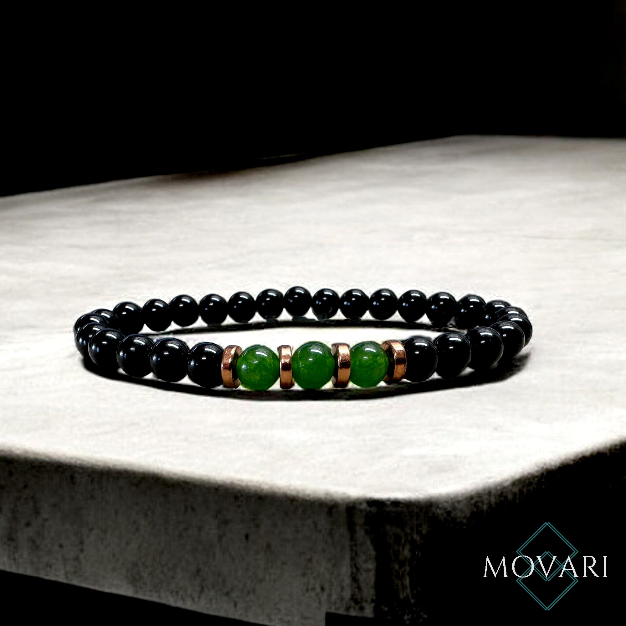 Mens Bead Bracelet Green Jade Obsidian and Copper 6mm