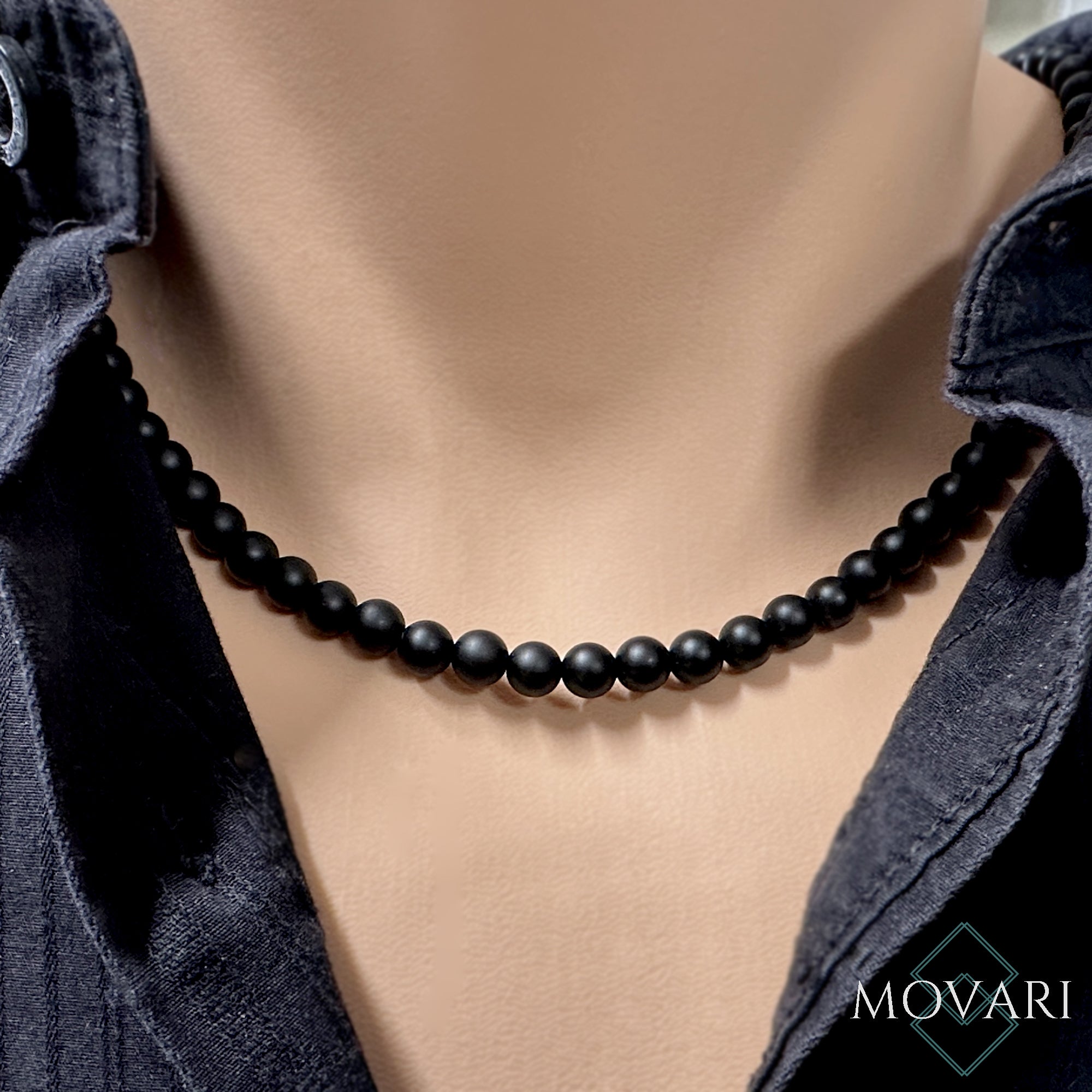 Mens Minimal Black Bead Necklace AAA 6mm Water Proof Gift For Him