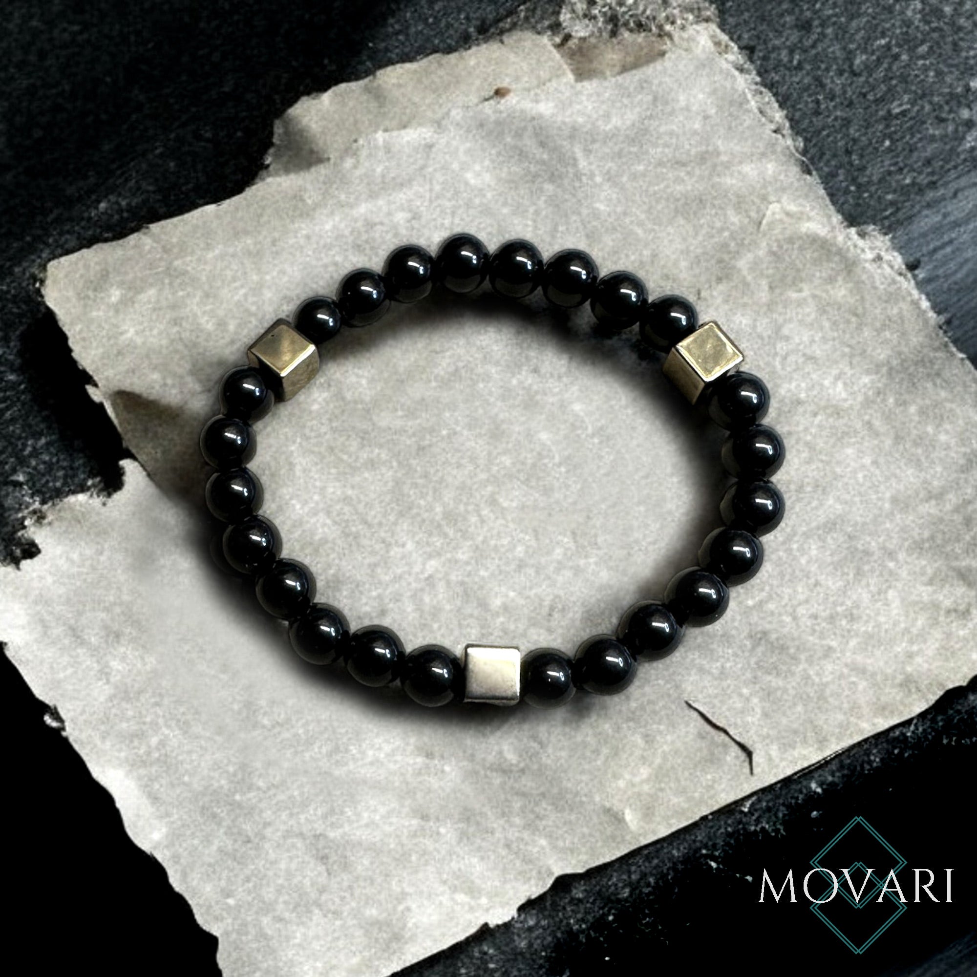 Wealth Success Men's Trendy Bracelet Black Obsidian Pyrite Cube 6mm