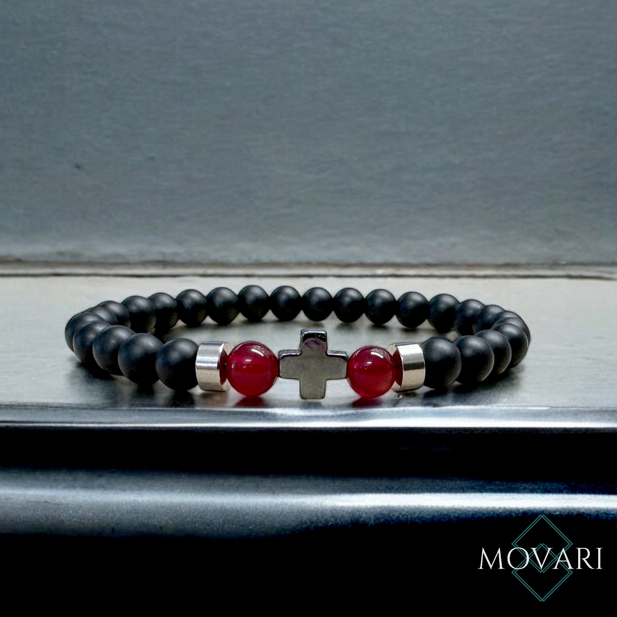 Vampire Bead Bracelet 6mm Gothic Bracelet Blood Red Jade Hematite Cross 