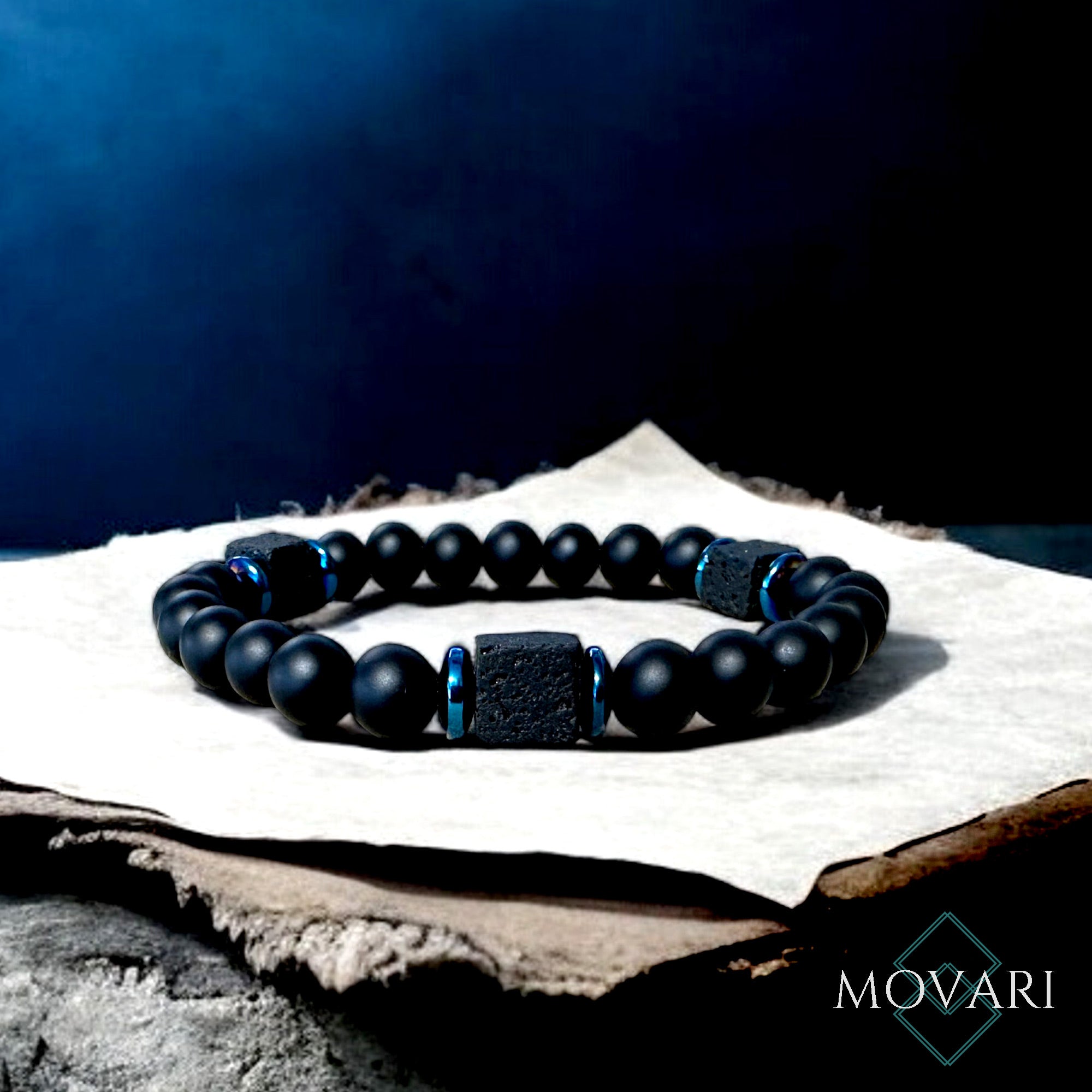 Handmade Mens Bracelet Black Onyx Lava Cubes Blue Hematite