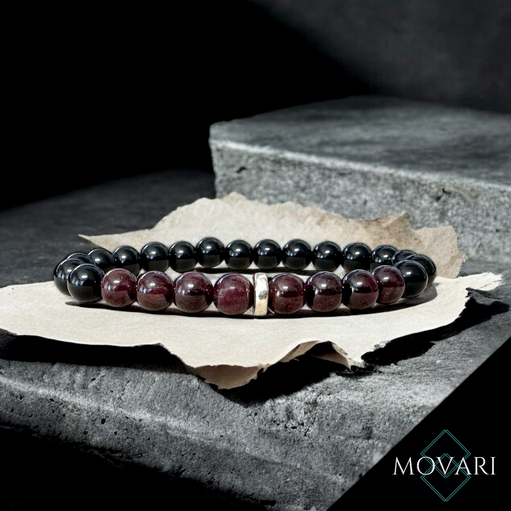 Deep Red Garnet January Birthstone Obsidian Silver 8mm love Bracelet
