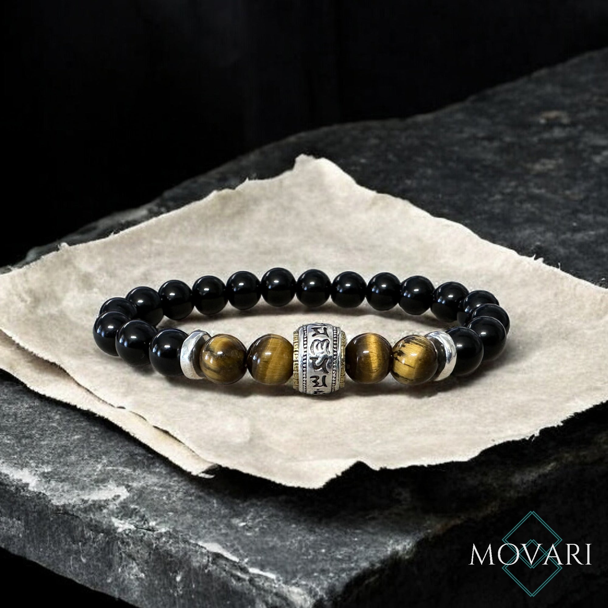 6 Syllable Beaded Elastic Bracelet Om Mani Padme Hum Tigers Eye