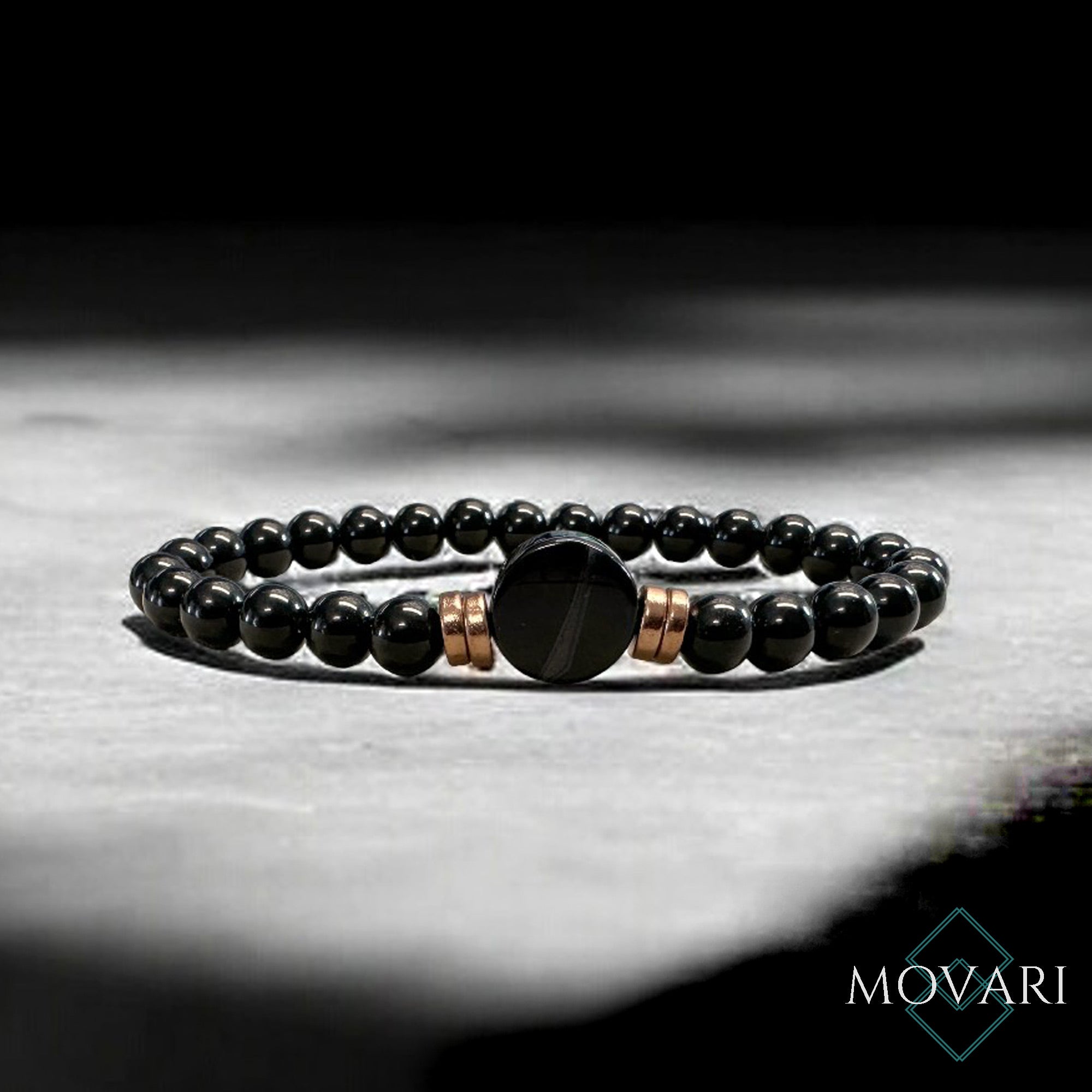 AAAA Obsidian Onyx Coin And Copper Bead Stretch Bracelet Protection