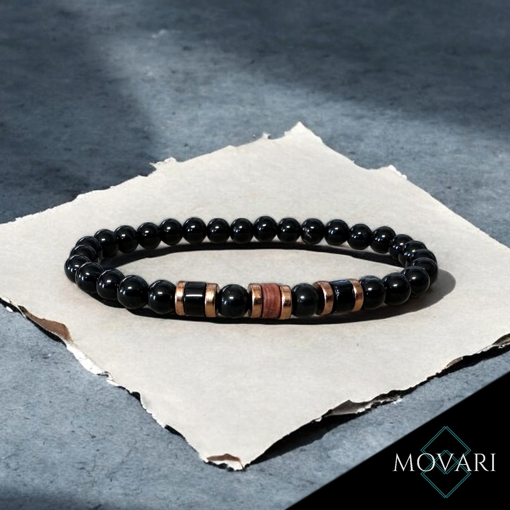 Mens 6mm Black Bead Stretchable Bracelet Shungite Onyx minimal