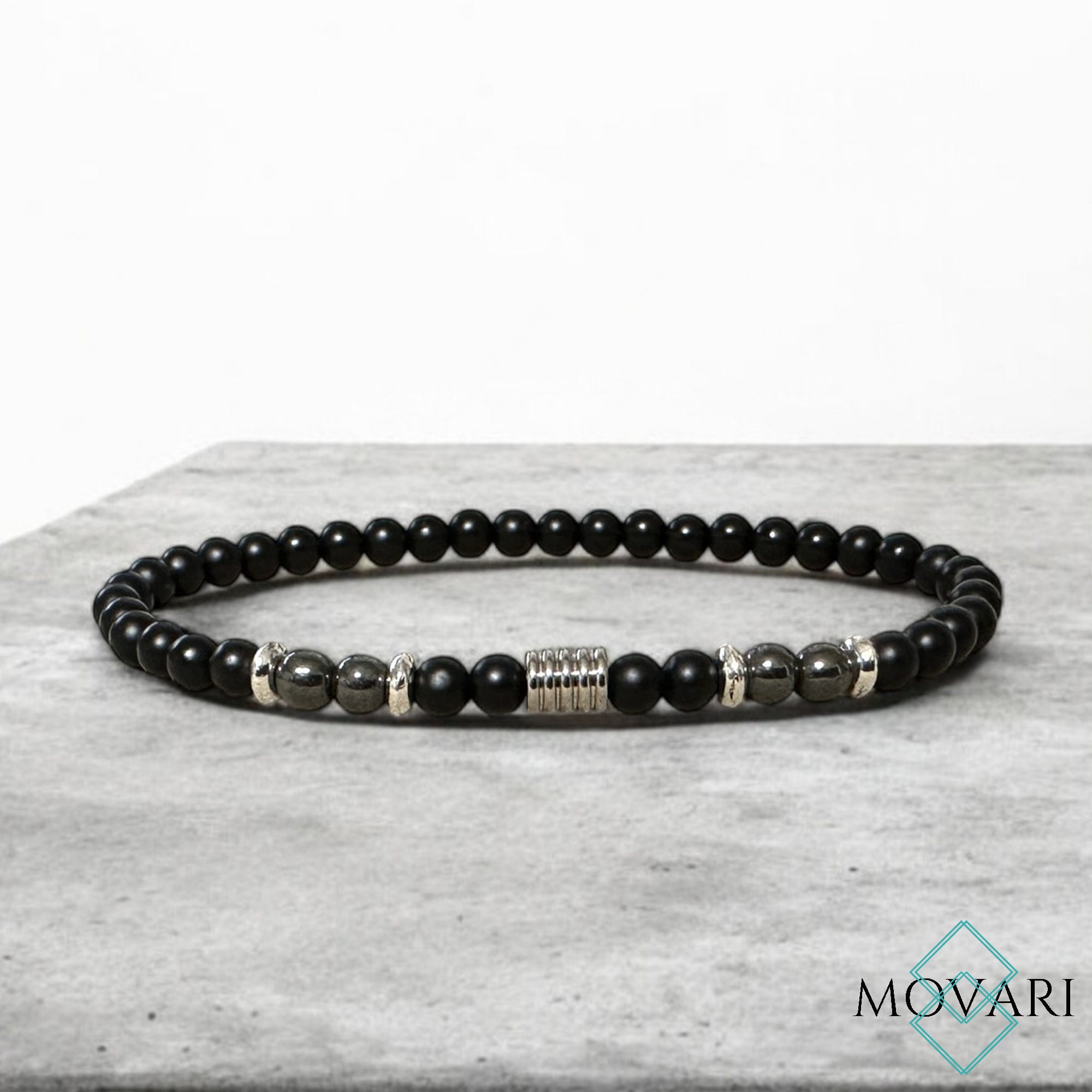 Mens 4mm Bead Stretch Bracelet AAAA Matte Onyx Silver Sleek Custom Fit