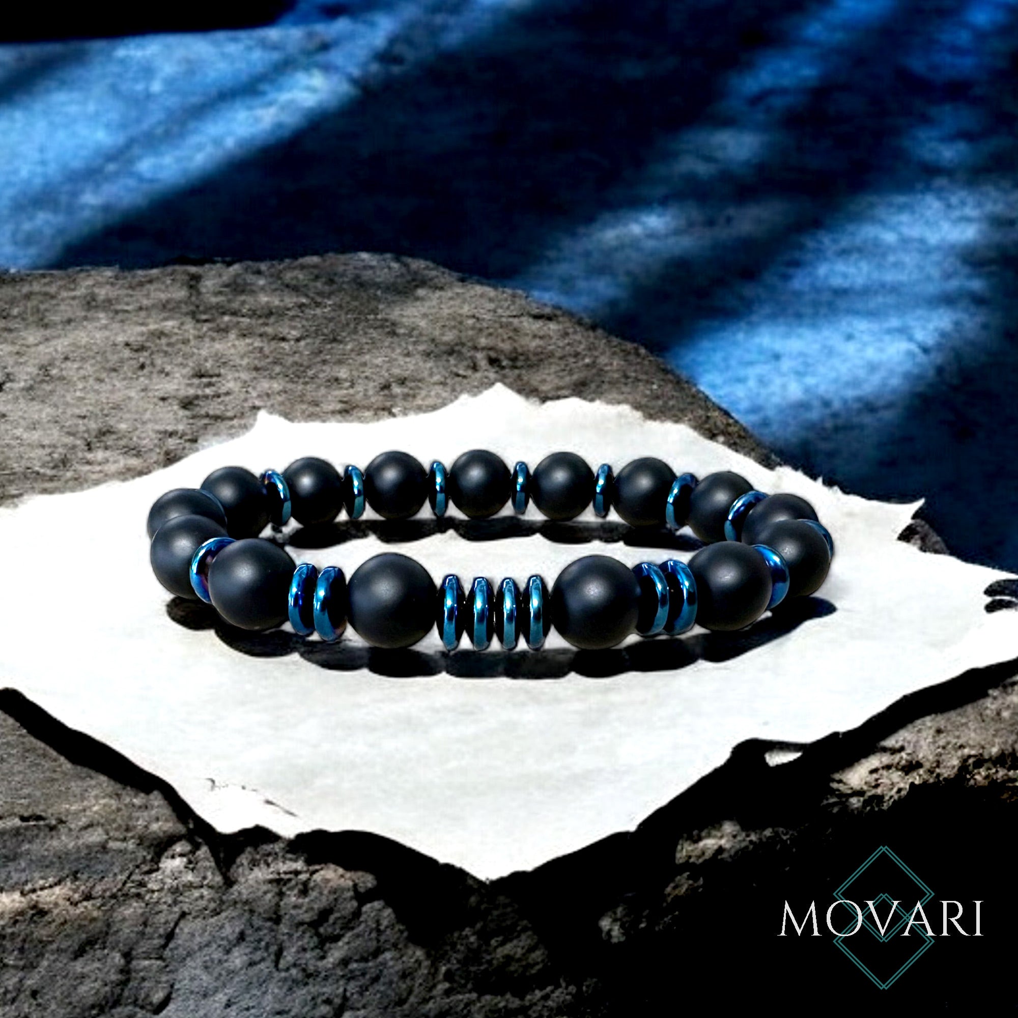 Men's 10mm Bead Stretch Bracelet Onyx Electric Blue Hematite
