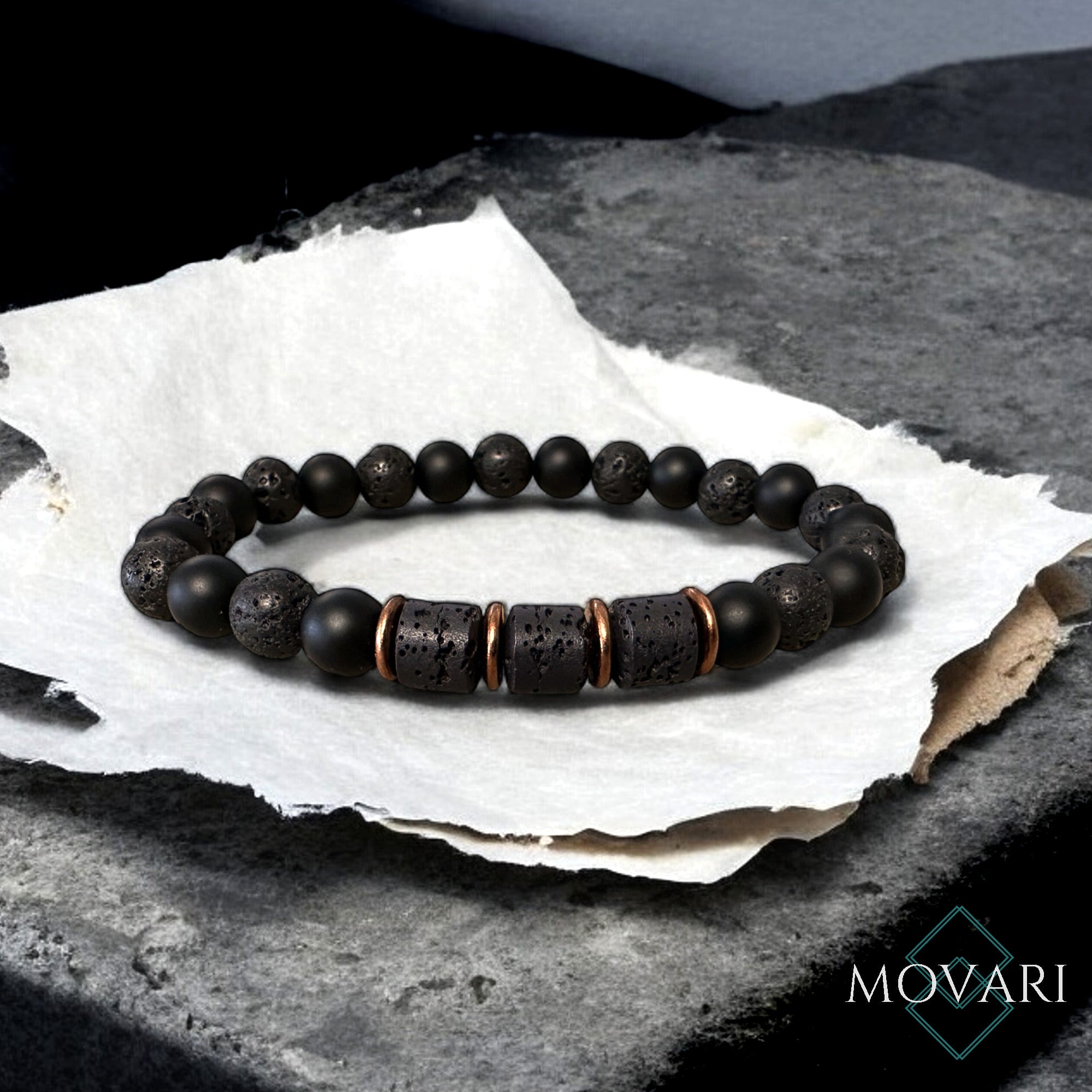 Mens Black Bead Bracelet Onyx Lava 3 Cylinder Copper Essential Oils 8mm