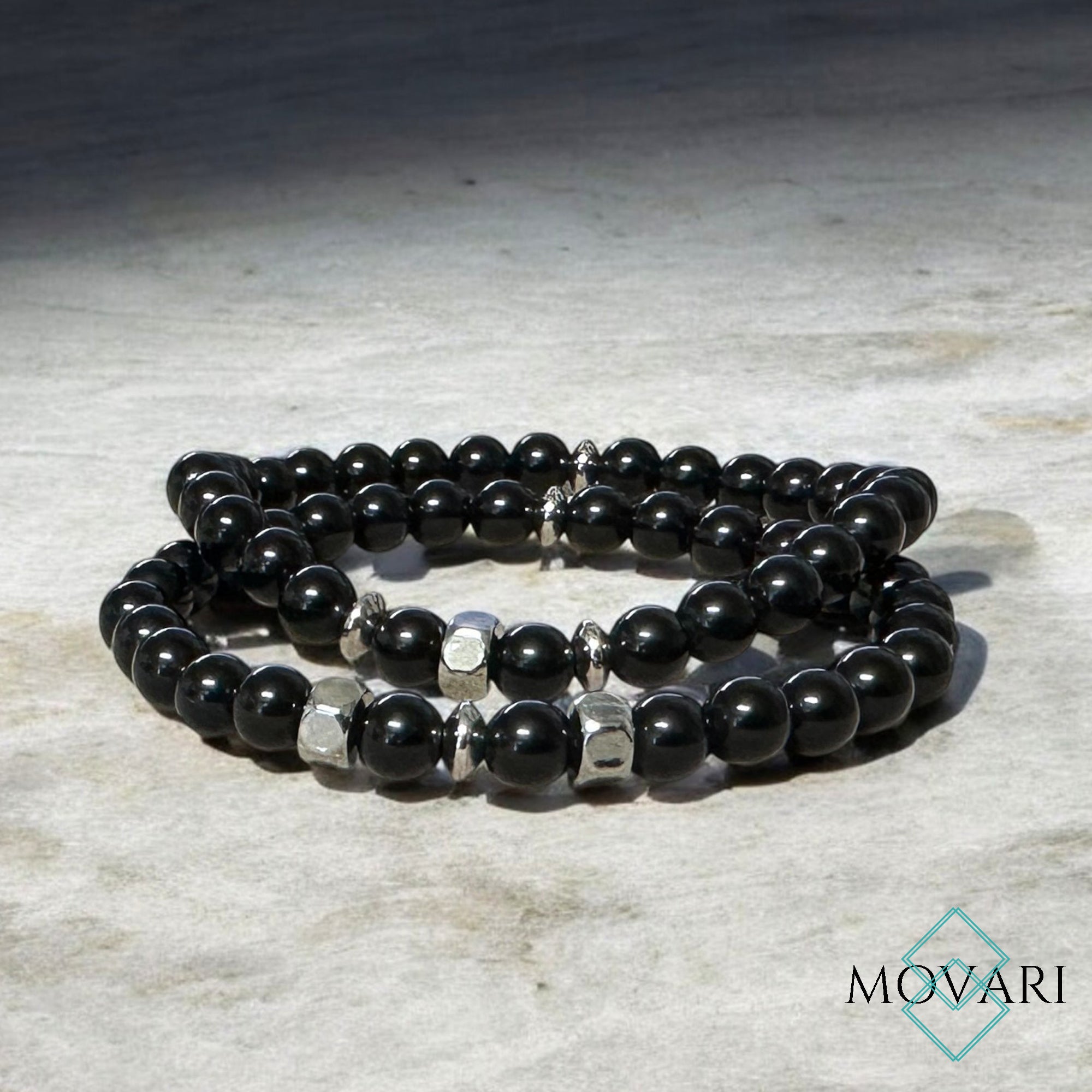 Mens Bracelet Set Of Two Black Obsidian 6mm Bead Stacking Bracelets Bolts
