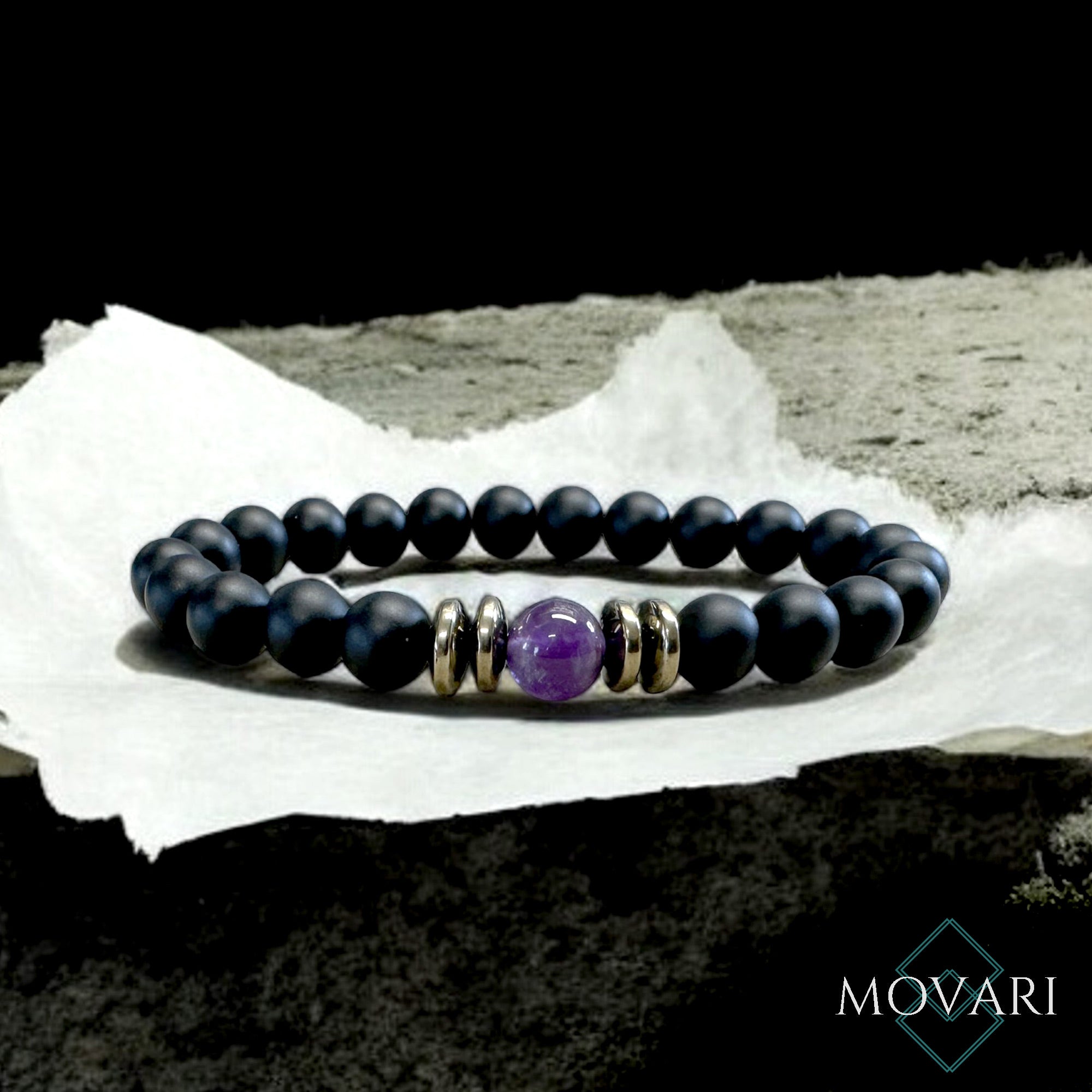 February Birthstone deep Purple Amethyst And Black Onyx Stretch Bracelet