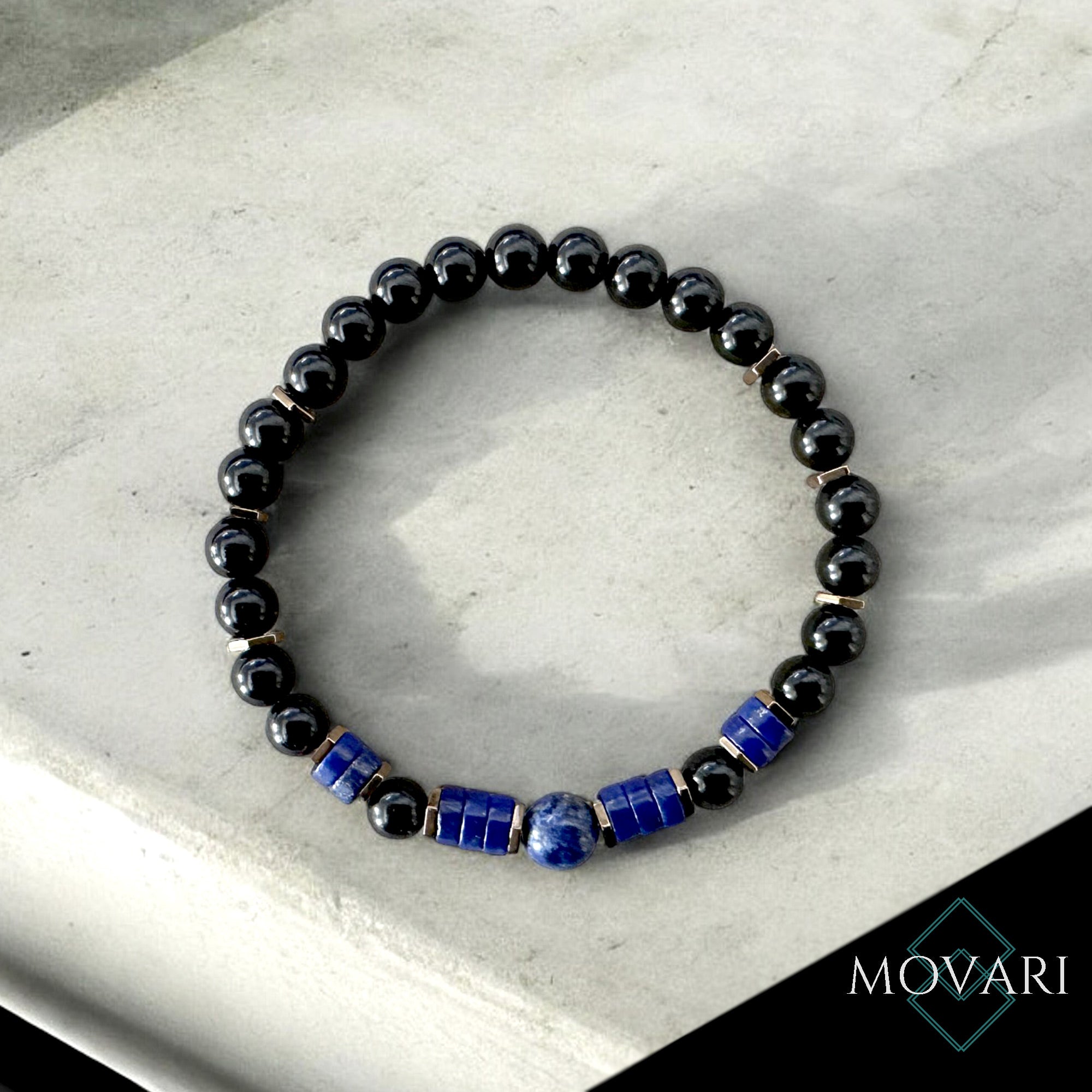 Stylish Men's Good Luck Bracelet 6mm Indigo Lapis Lazuli Black Obsidian