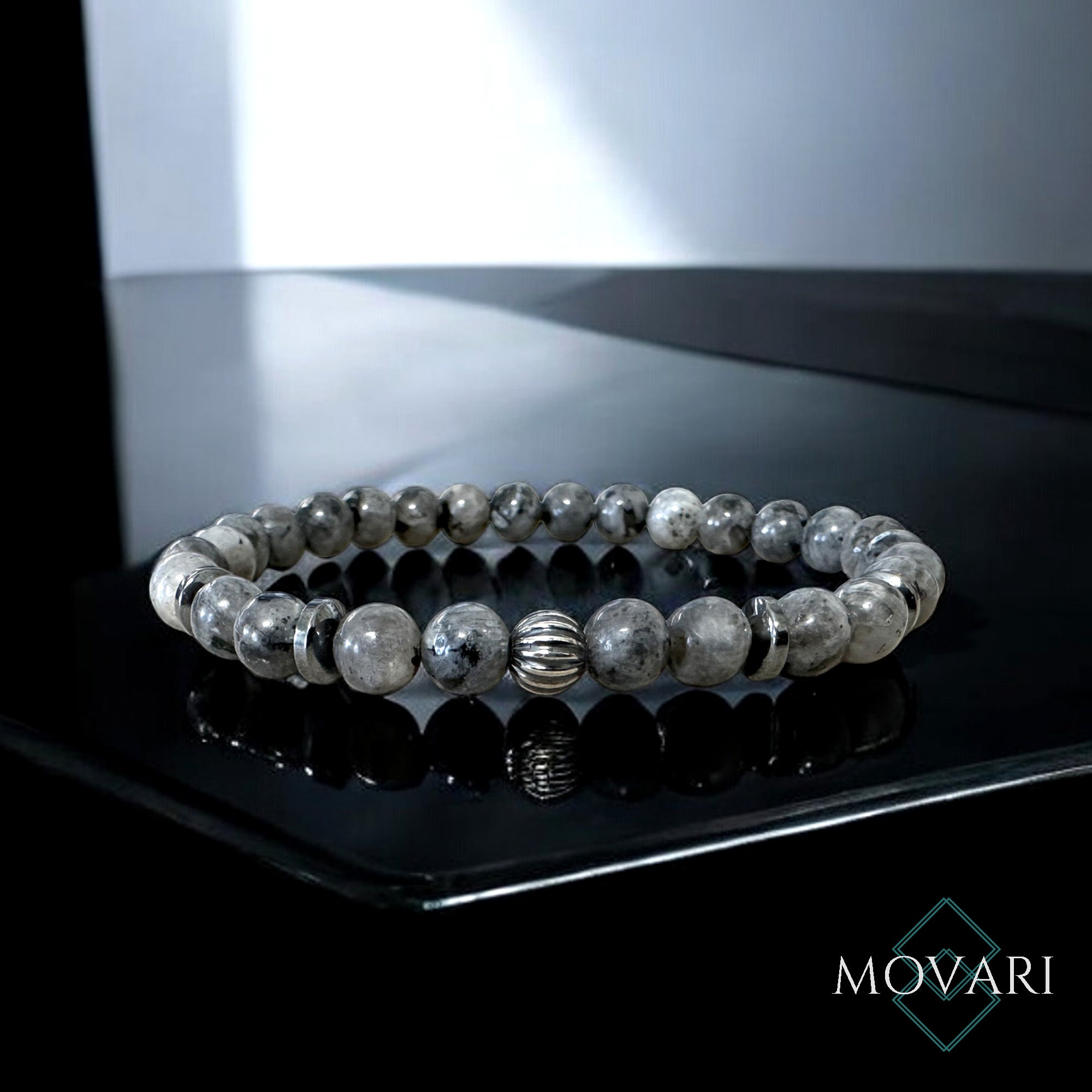 Flash Larvikite Hematite 925 Sterling Silver 6mm Bead Bracelet