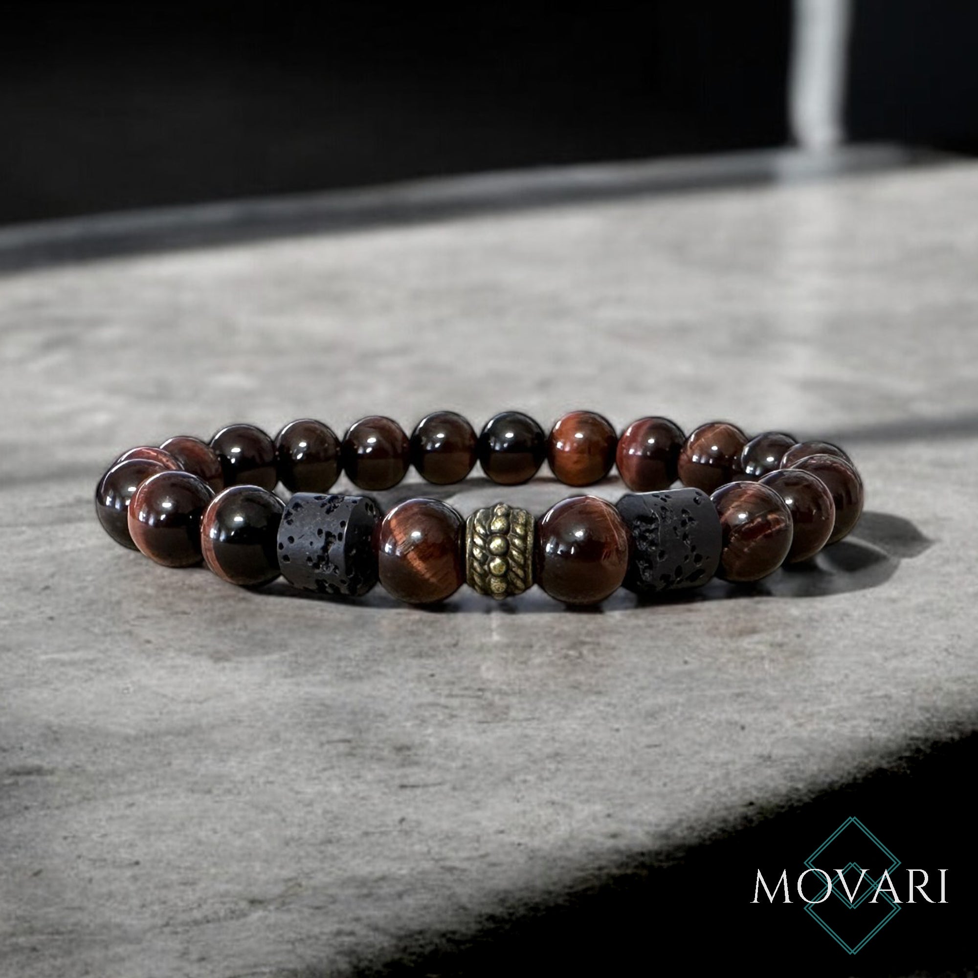 Mens Masculine Bead Bracelet Red Tigers Eye Lava 8mm Healing Crystals