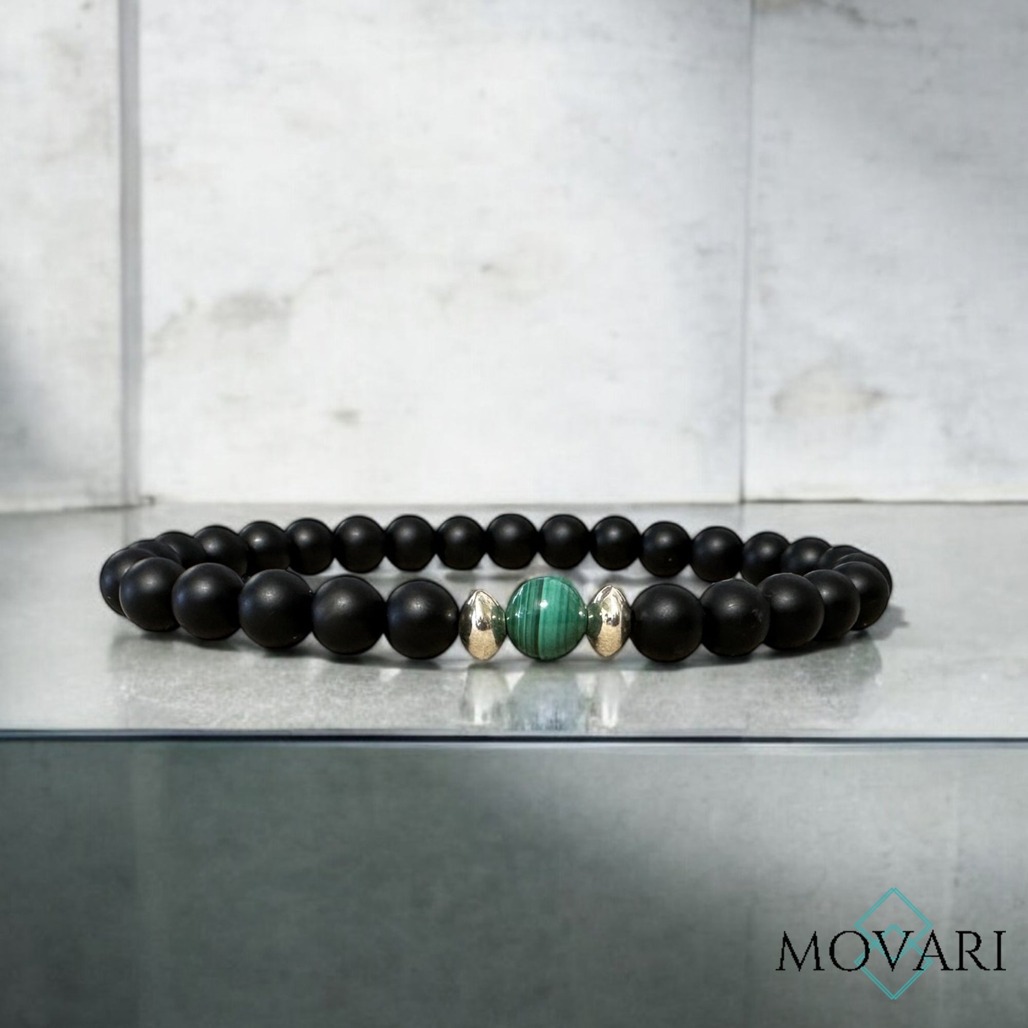 Classy Mens Bead Bracelet 925 Sterling Silver And Malachite 6mm Stretchable