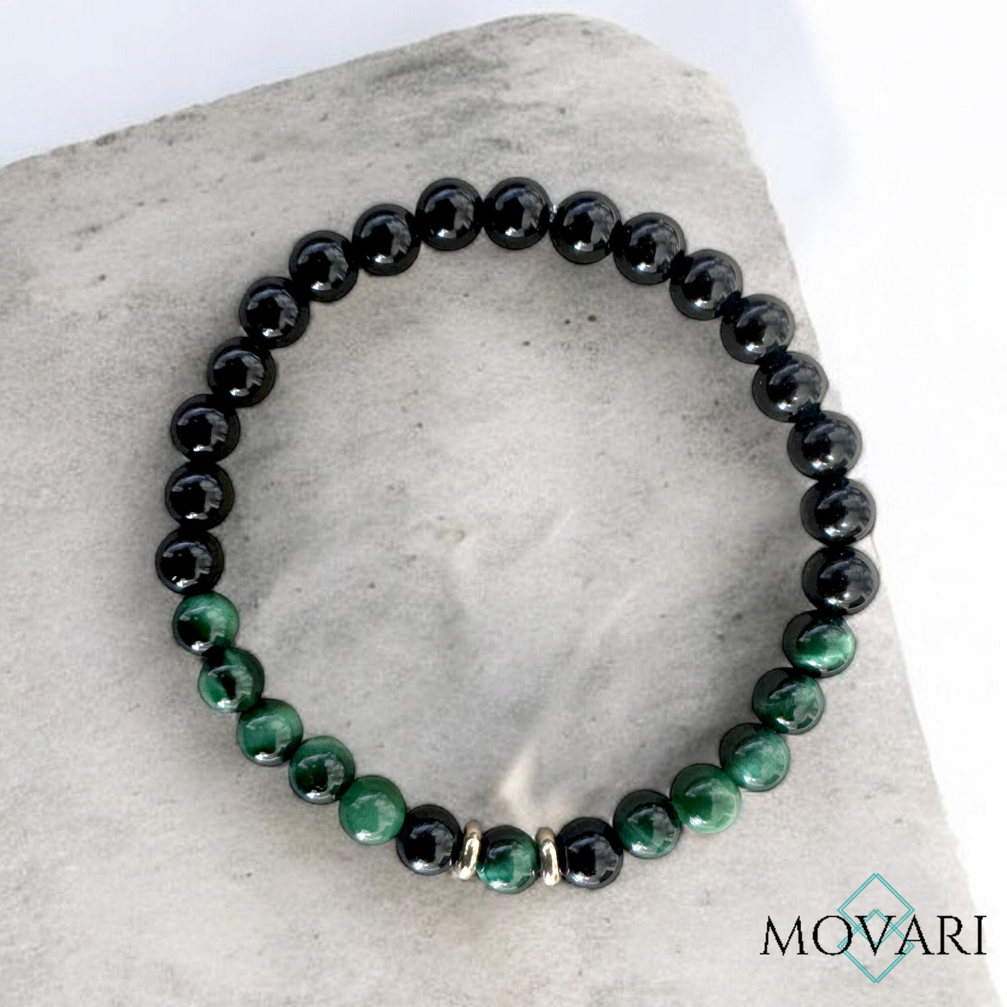 Mystic Green Tigers Eye Obsidian Brass Bead Stretch Bracelet 6mm