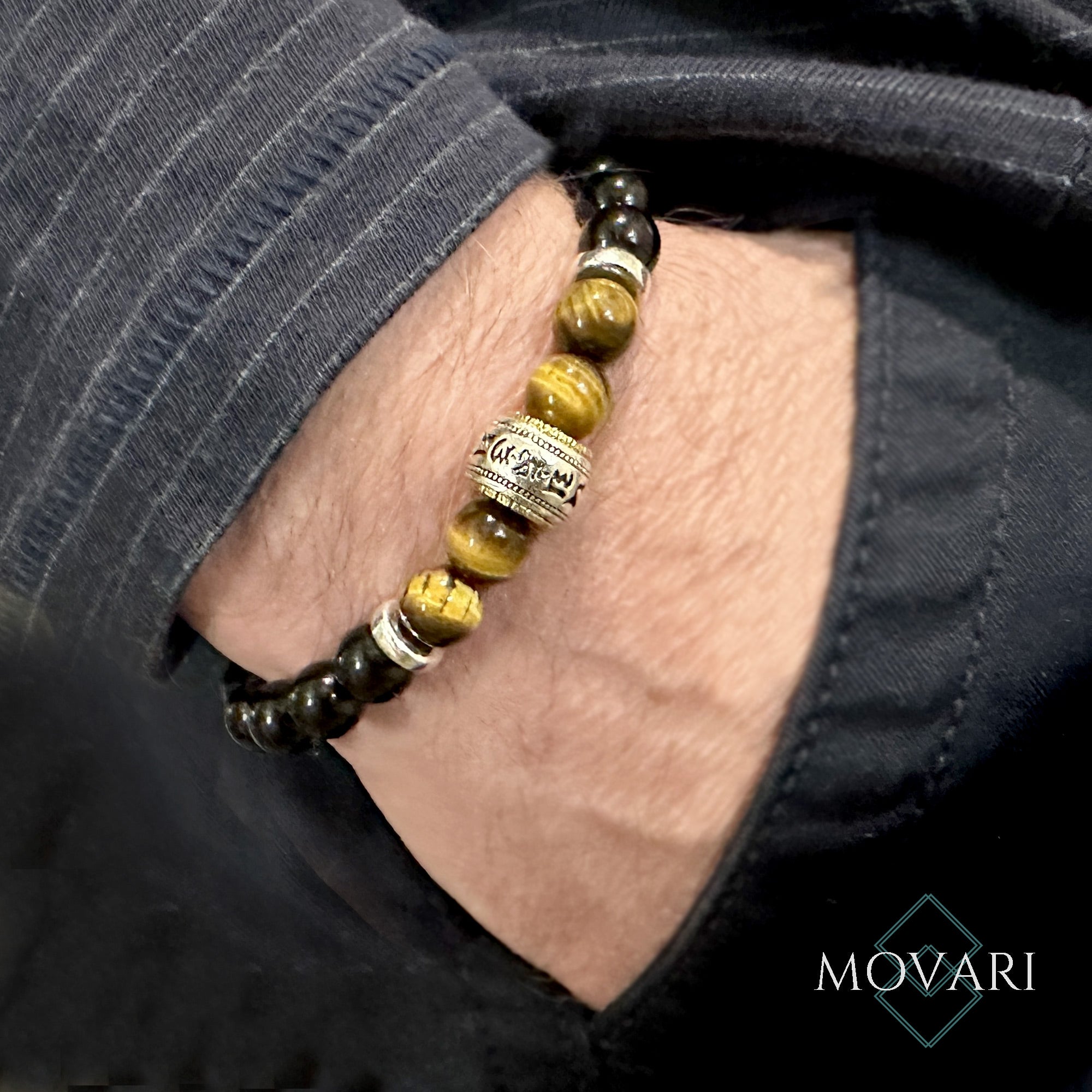 6 Syllable Beaded Elastic Bracelet Om Mani Padme Hum Tigers Eye