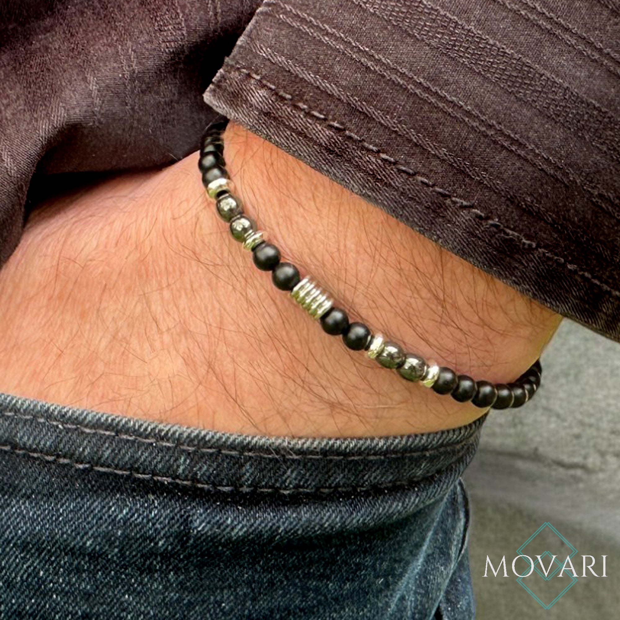 Mens 4mm Bead Stretch Bracelet AAAA Matte Onyx Silver Sleek Custom Fit