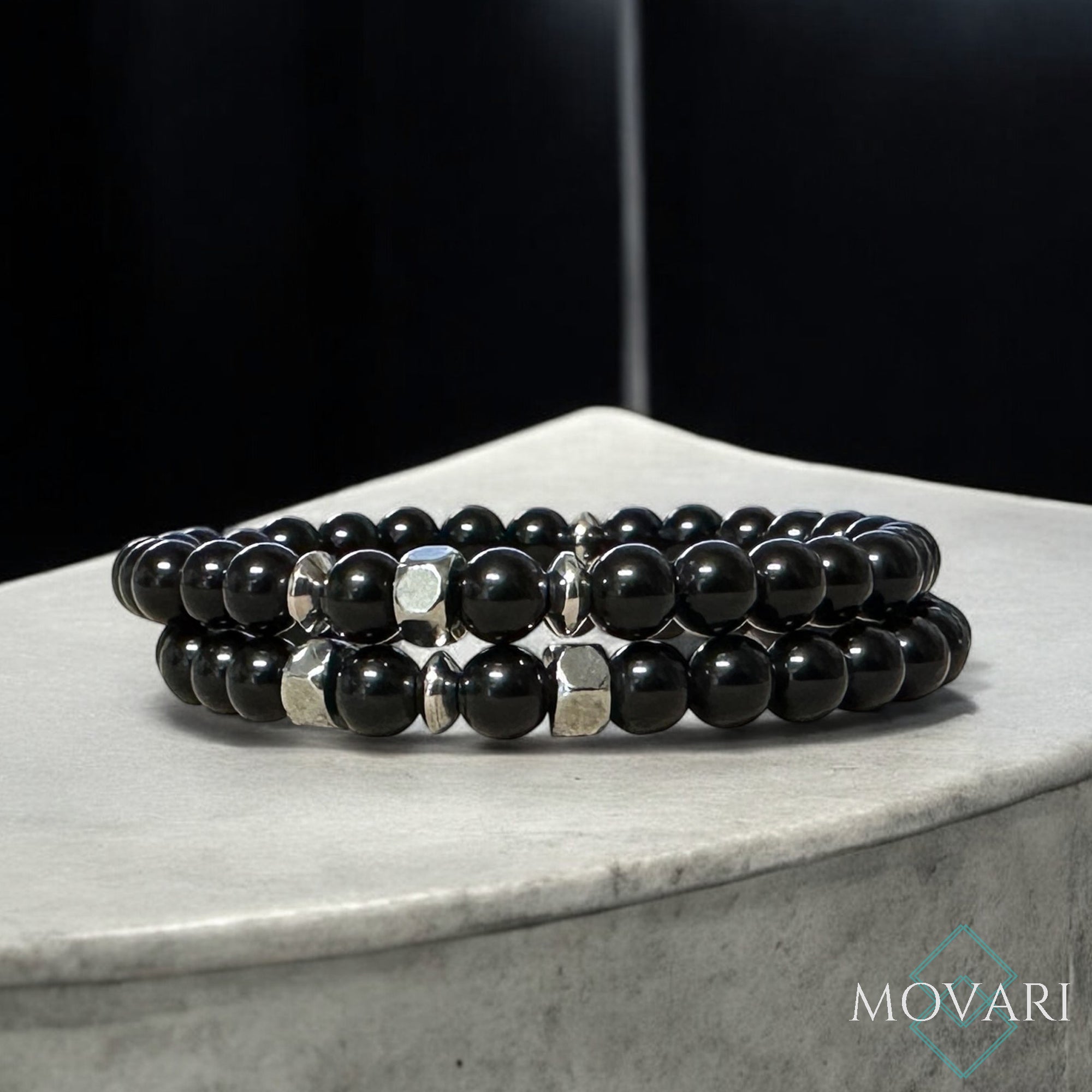 Mens Bracelet Set Of Two Black Obsidian 6mm Bead Stacking Bracelets Bolts