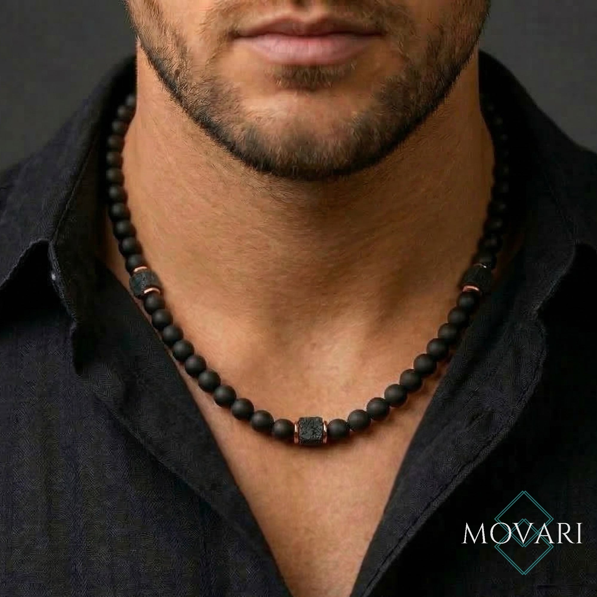 trendy beaded necklaces for men masculine bead necklace matte black bead necklace lava copper Movari Jewelry