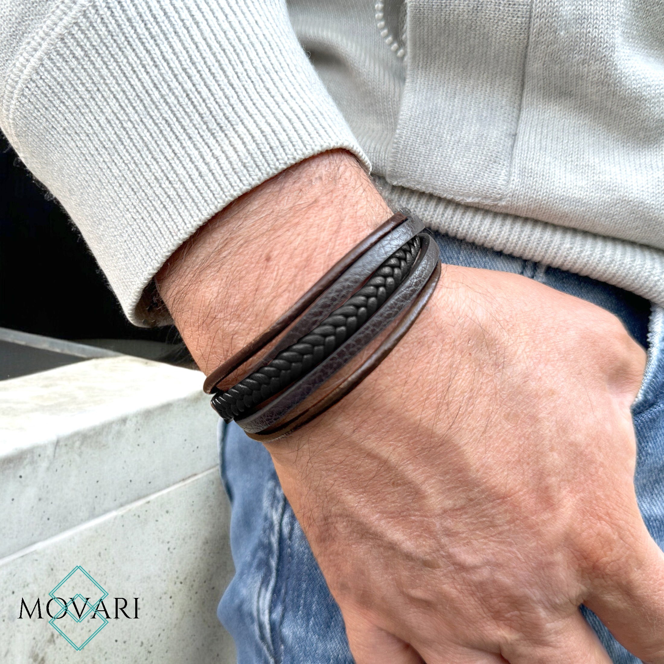 Five Layer Black Brown Mix Leather Bracelet for men