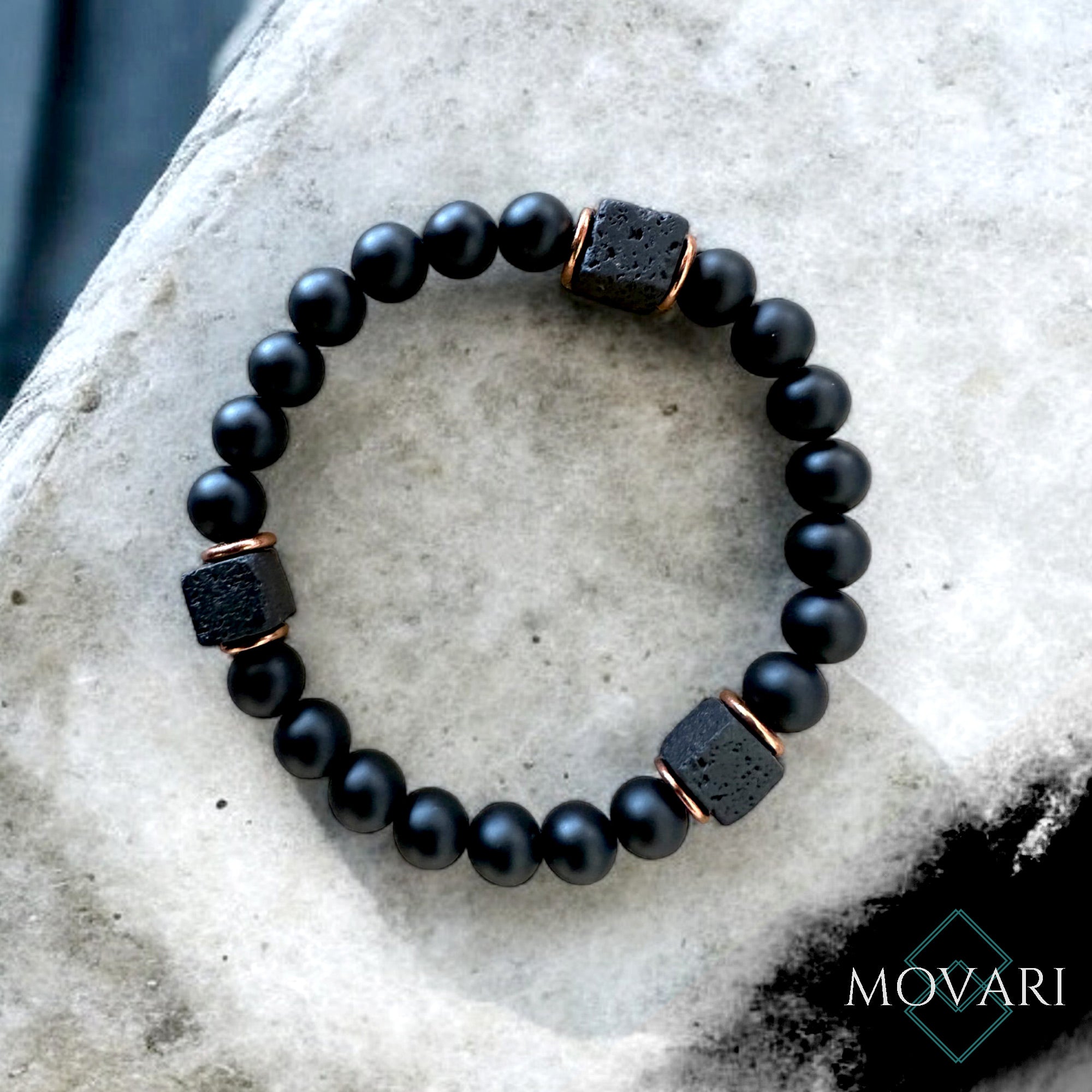 Matte Onyx 3 Lava Cubes Bead Stretch Bracelet For Men