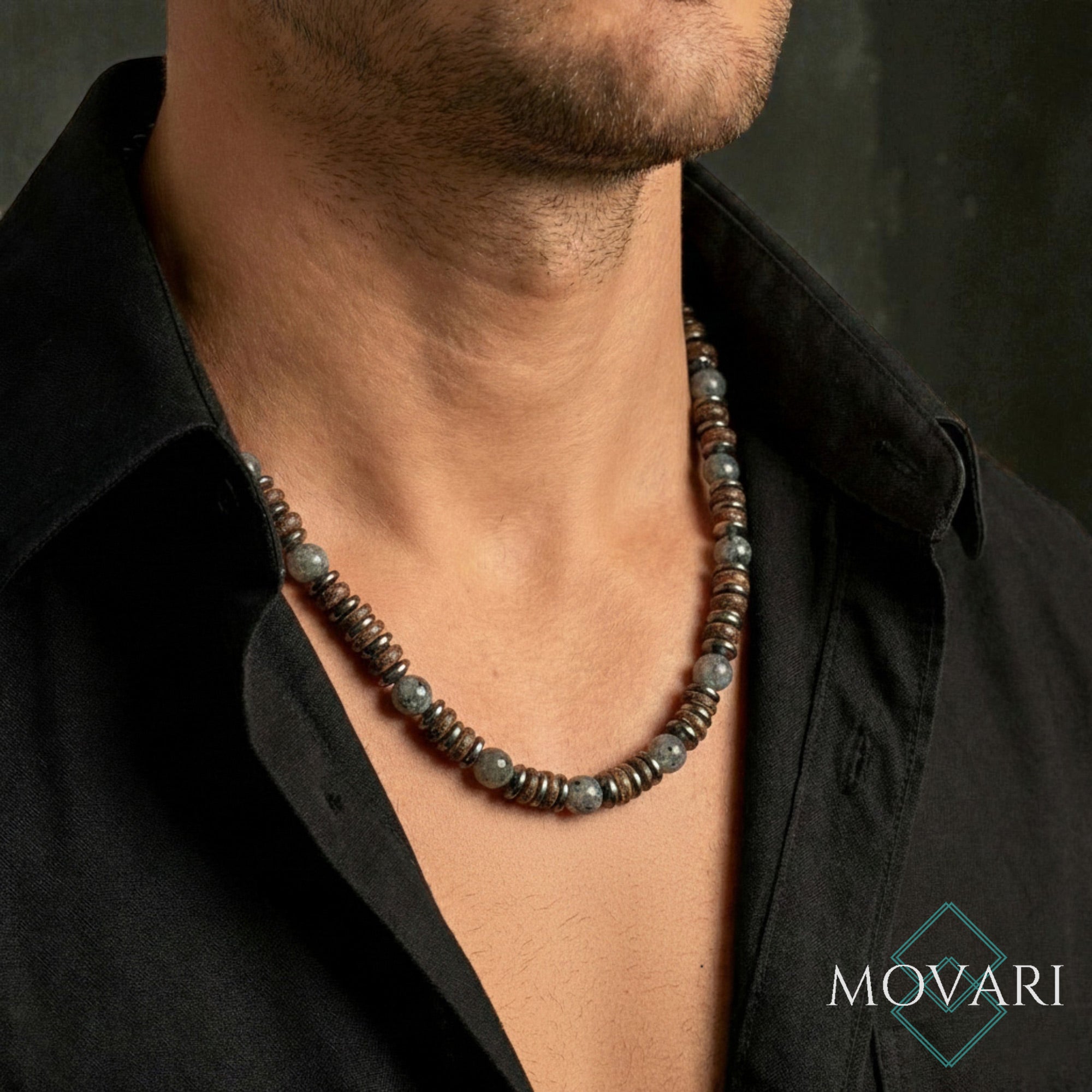 coconut necklace mens beach necklace surfers necklace mens bohemian necklace larvikite hematite 