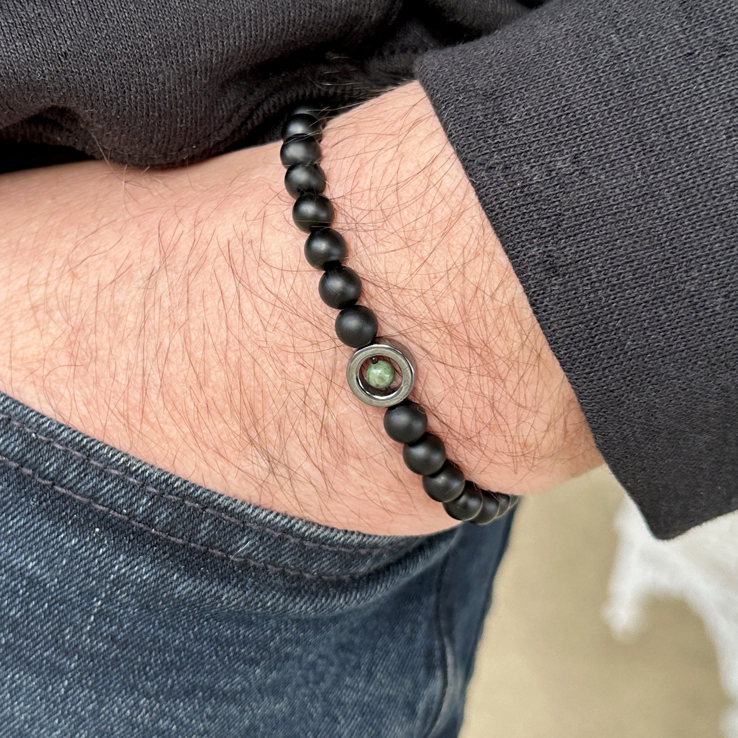 Emerald Bracelet Onyx Mens 6mm Stretch Bracelet May Birthstone 