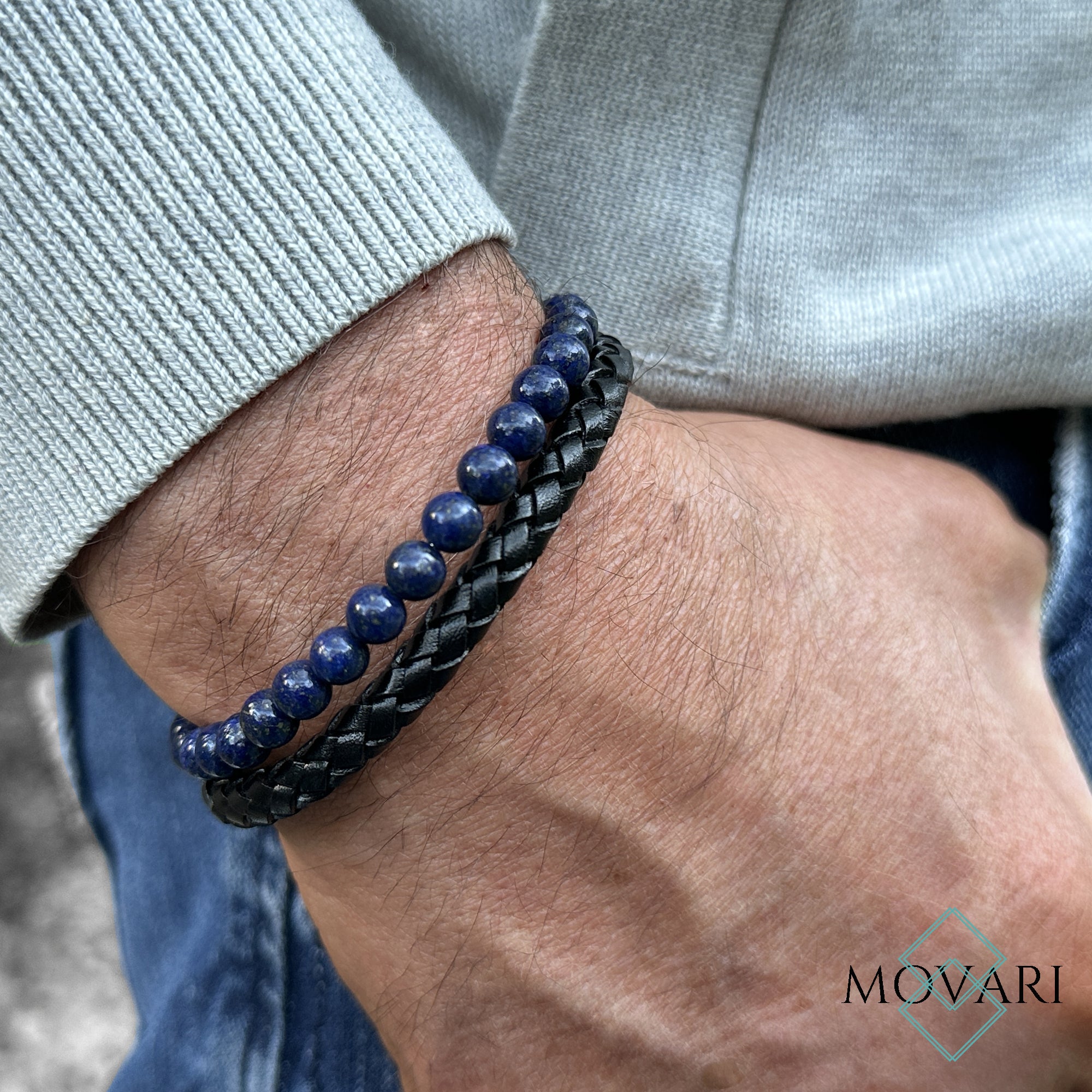 Lapis Lazuli Indigo Blue and Black 6mm Men's Beaded Bracelet