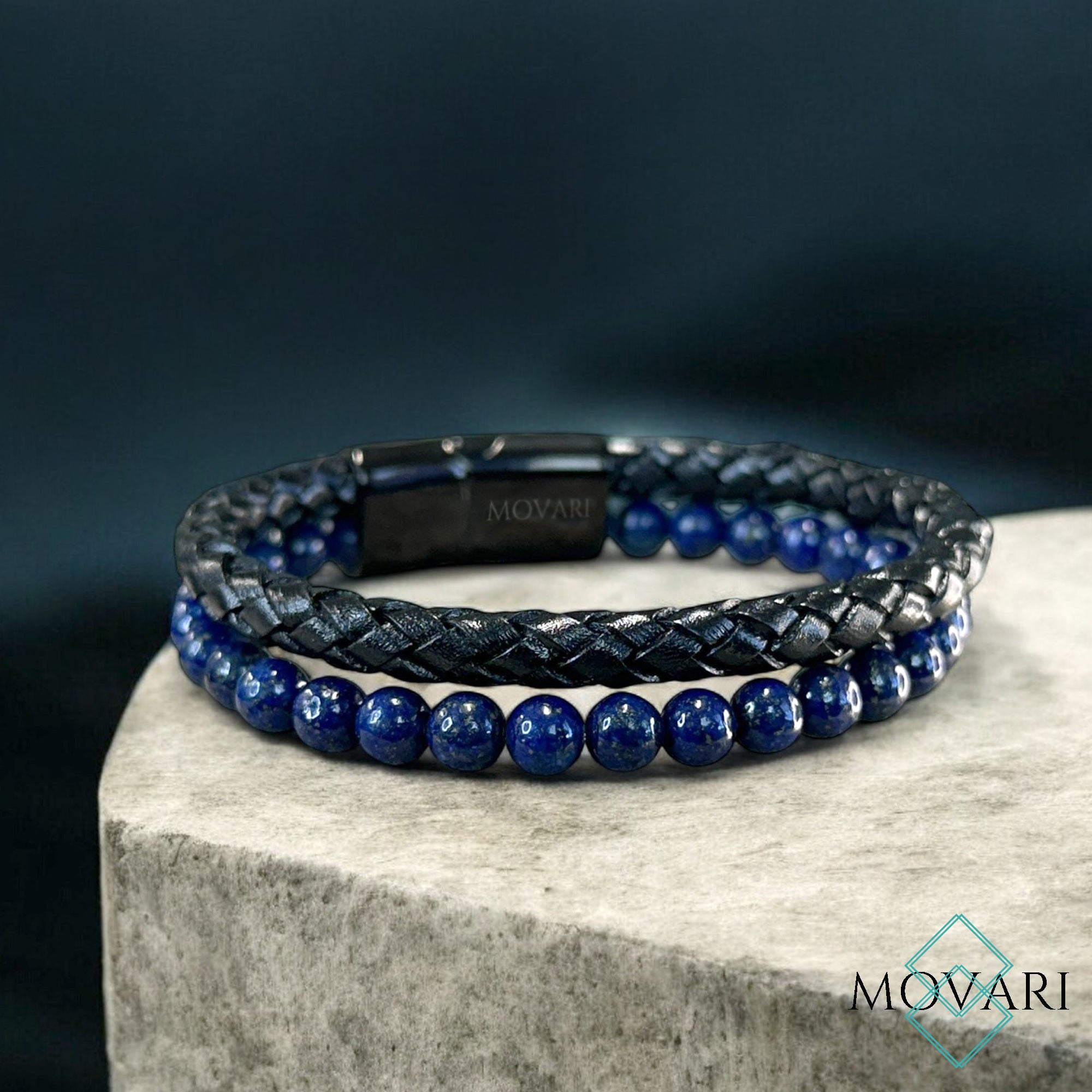 Lapis Lazuli and Leather Layered Bracelet For Men