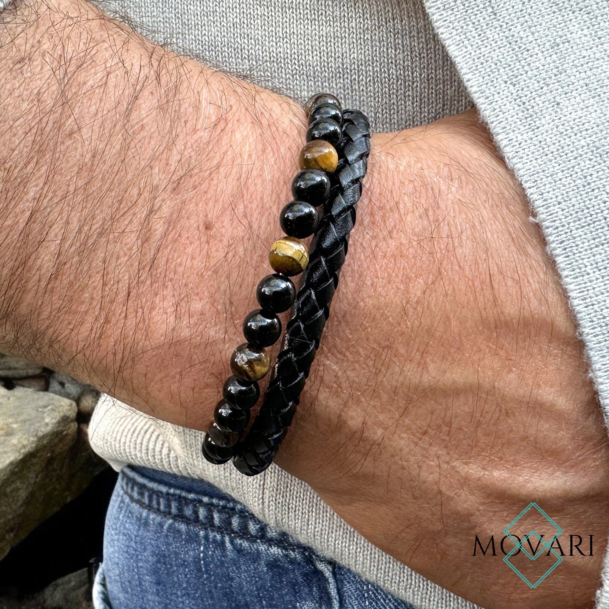 Obsidian Tigers Eye Layered Braided Leather Bracelet for men