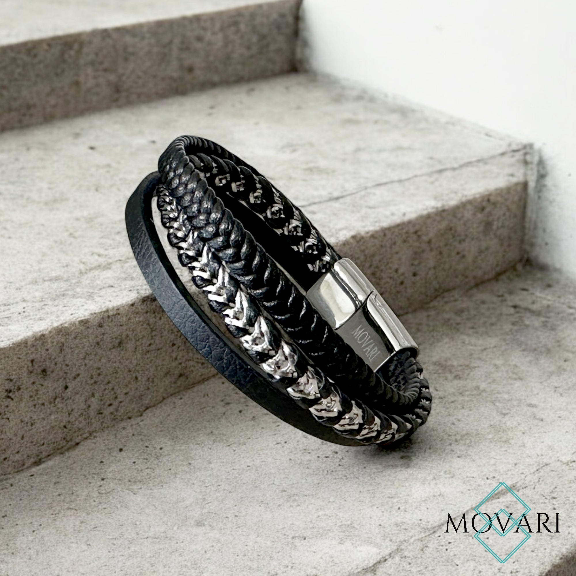 Steel and black 3 layer braided leather bracelet handcrafted in the USA