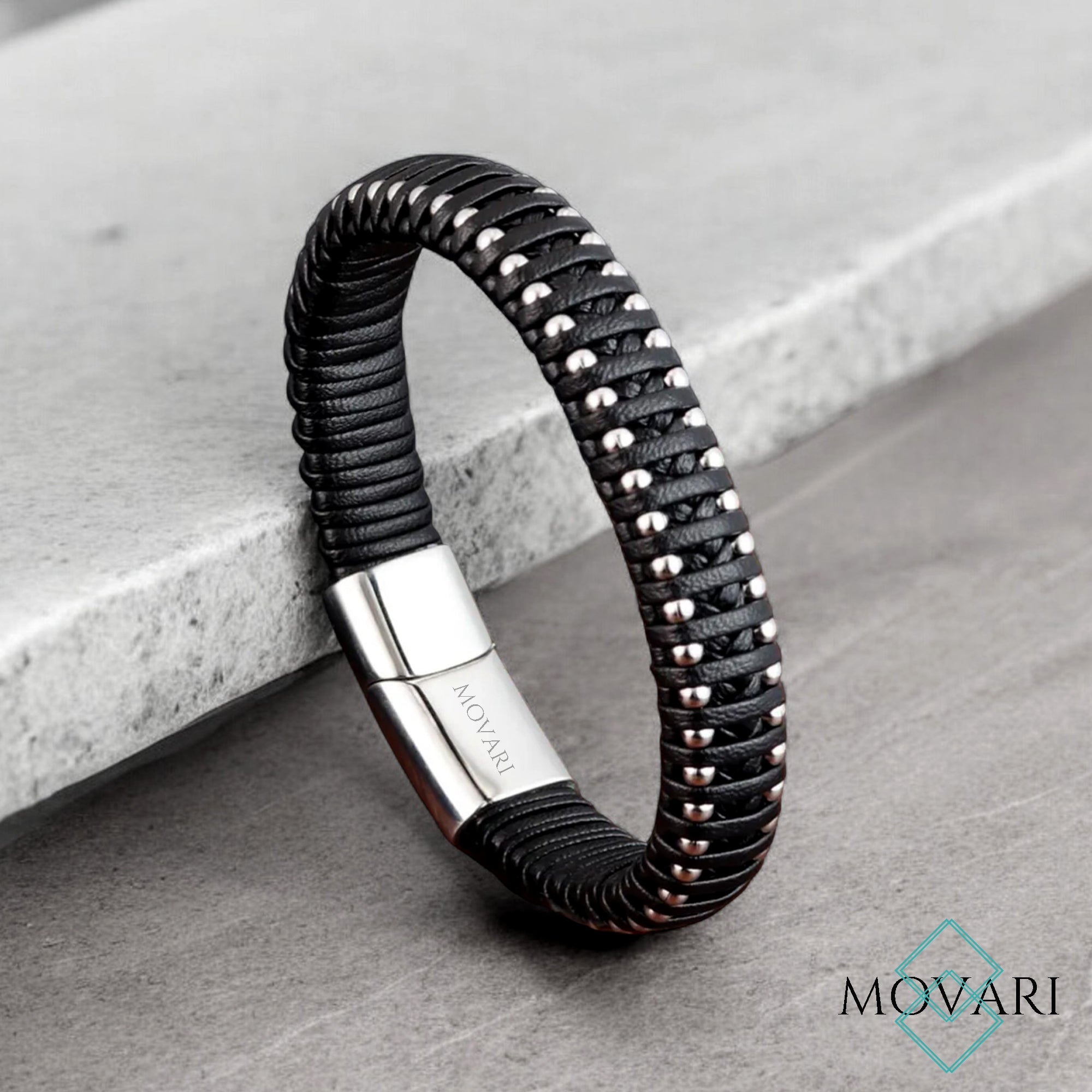 Black and silver luxury bracelet for men, handcrafted in the US Movari Jewelry