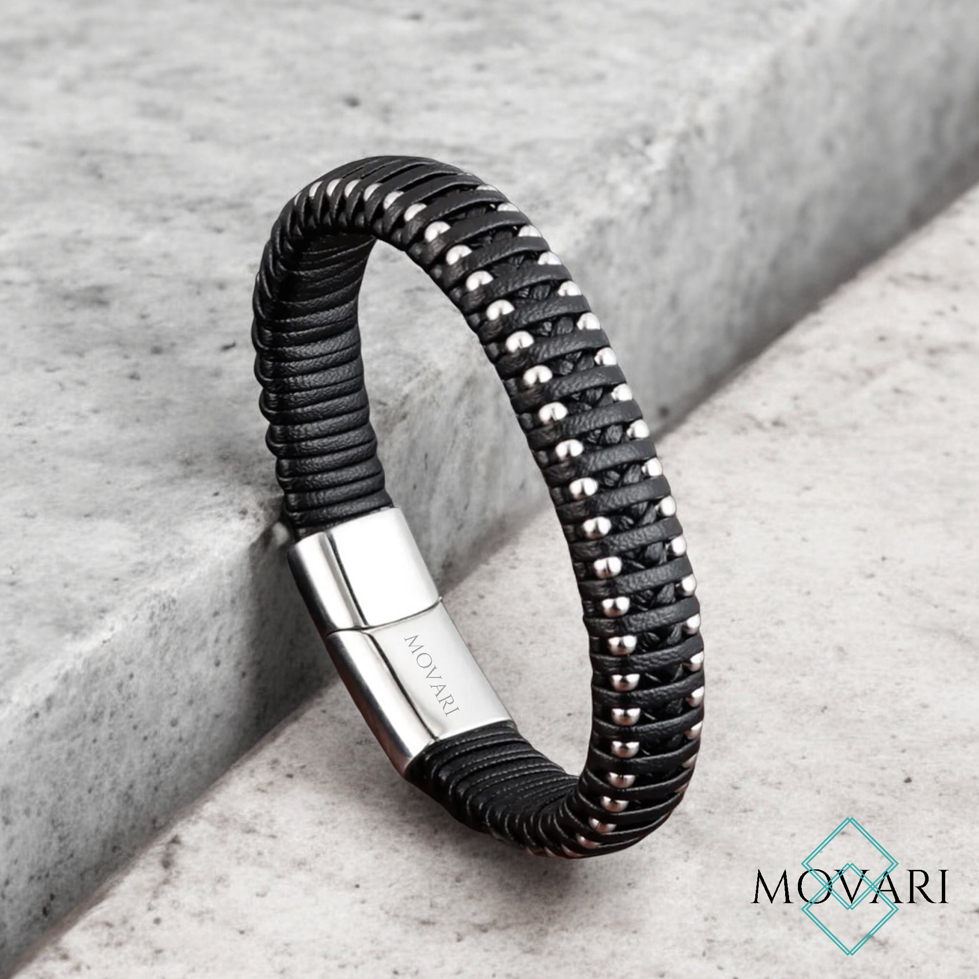stylish men's black leather and steel bracelet Movari Jewelry USA