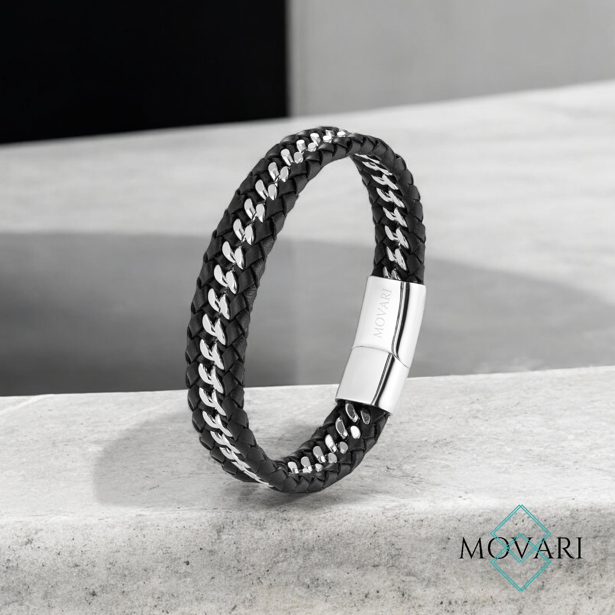 edgy stylish men's stainless steel and leather bracelet