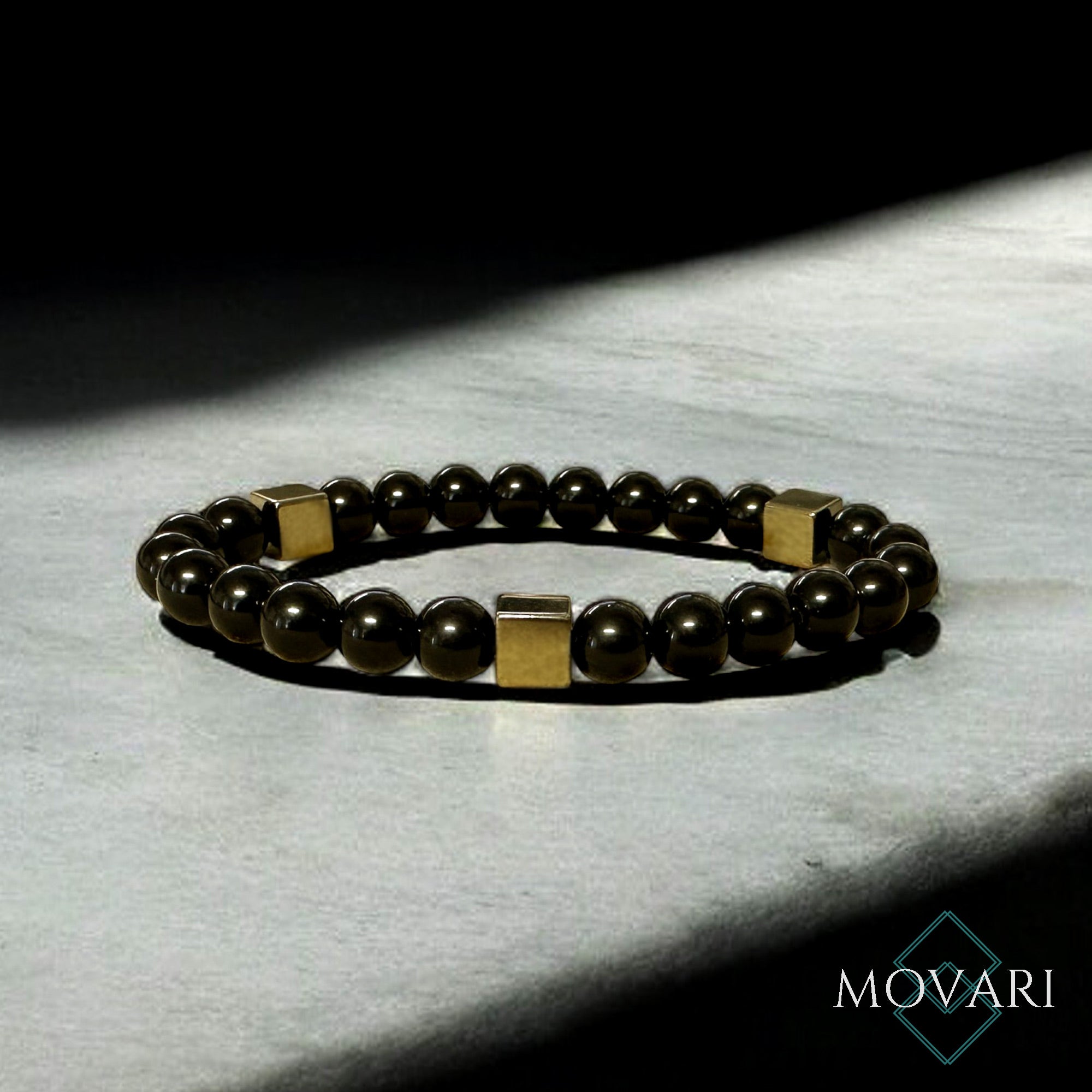 Wealth Success Men's Trendy Bracelet Black Obsidian Pyrite Cube 6mm